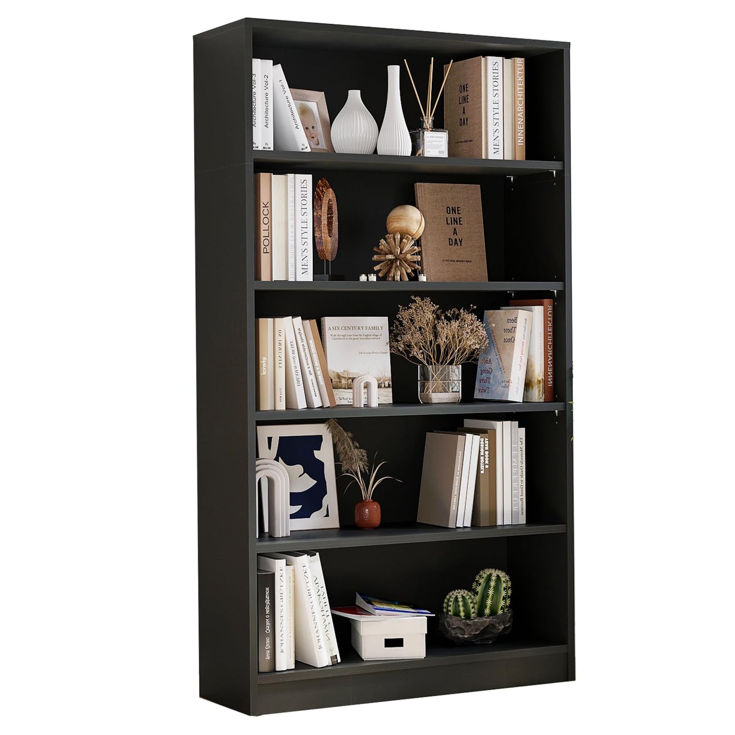 i-VTIES 5-Tier Bookshelf,60inch Tall Bookcase with Adjustable Shelves,Modern Display Book Shelf,Wood Storage Shelves for Bedroom, Office, Living Room & Library（Black）