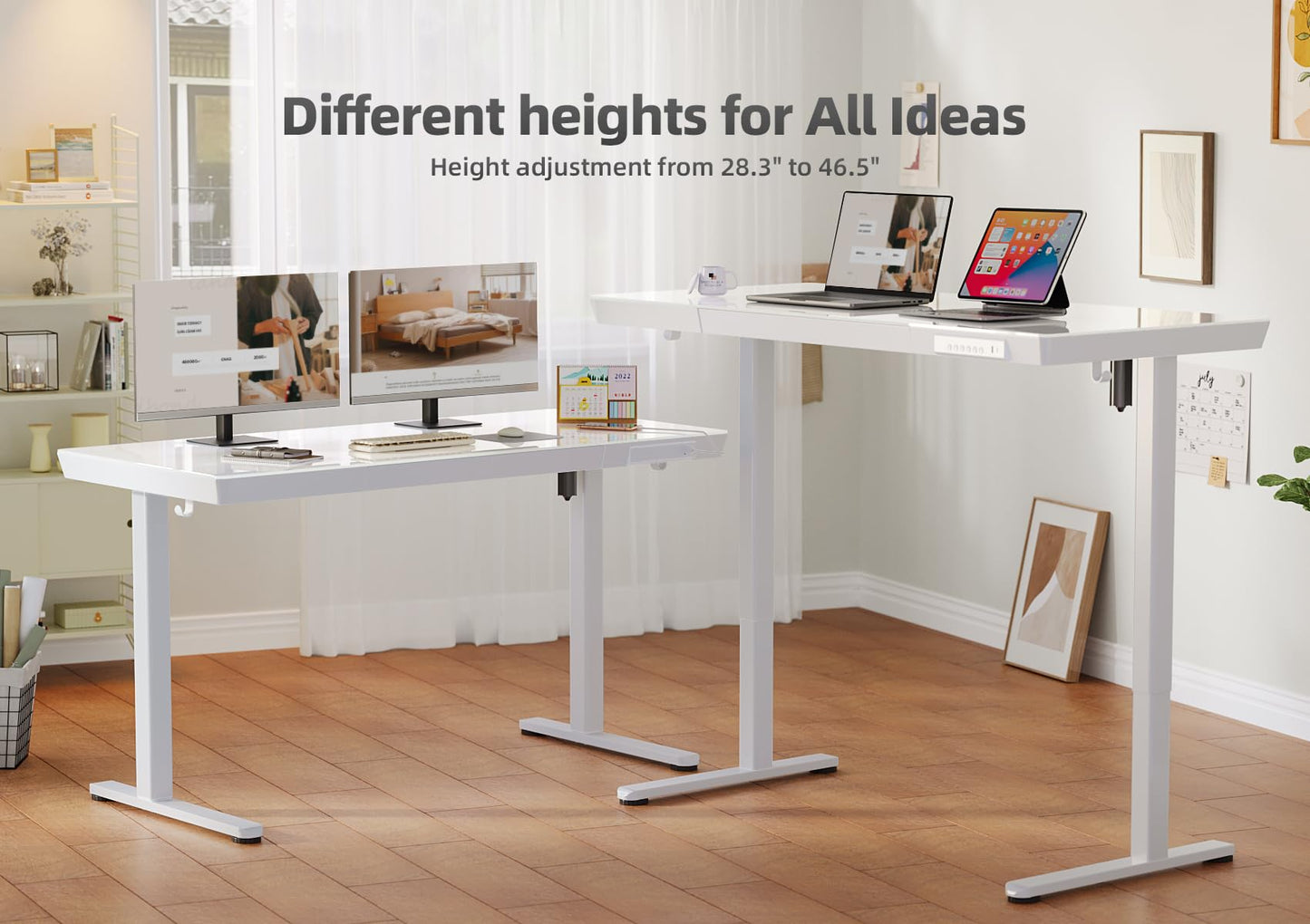 YDN Glass Standing Desk with Drawers, 48 x 24 Inch Electric Stand Up Desk with USB Ports, Adjustable Height for Home Office, White