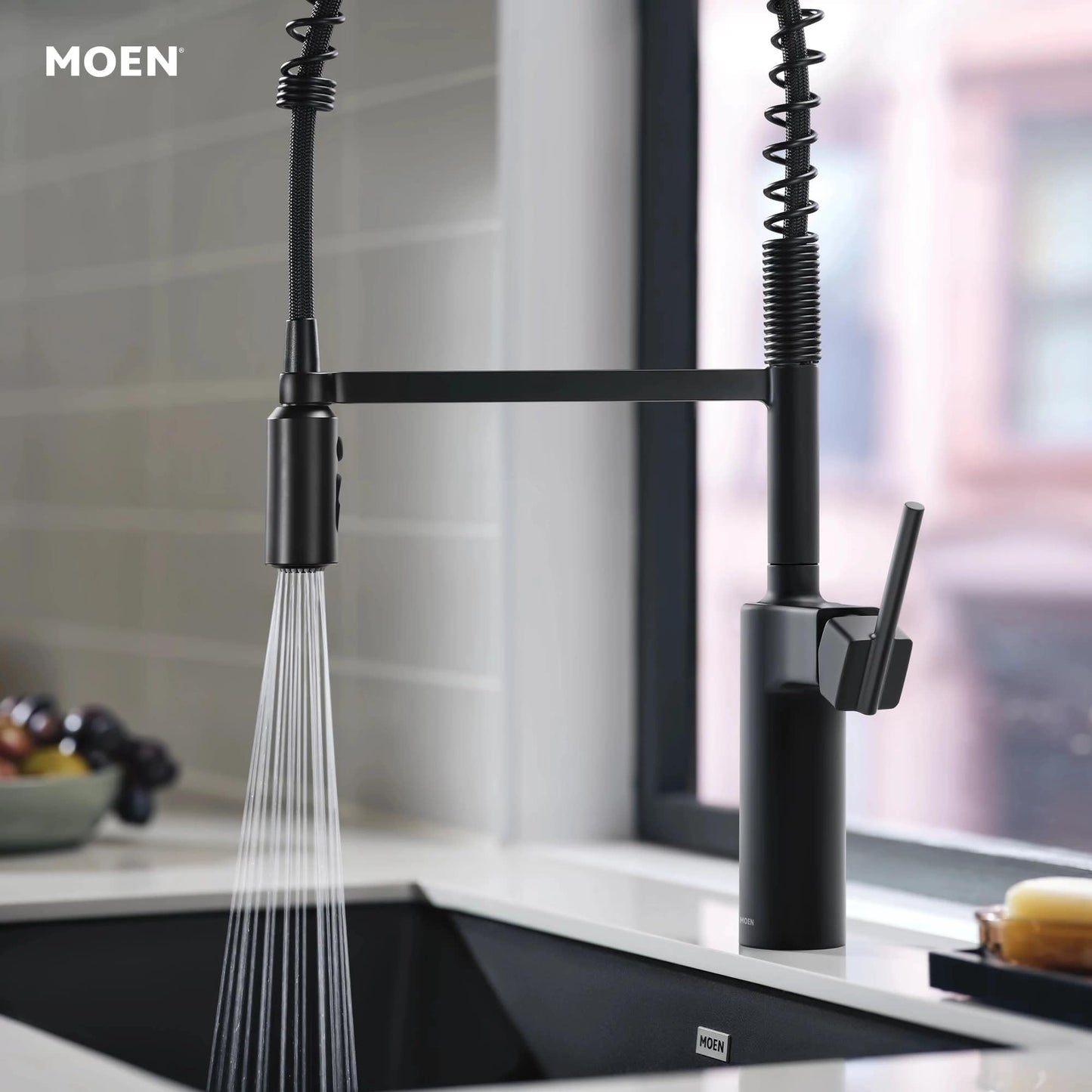 Moen Inara Matte Black Spring Pulldown Kitchen Faucet with Pre-Rinse and Power Boost, Modern Kitchen Faucet, One-Handle Easy Installation, 87863BL