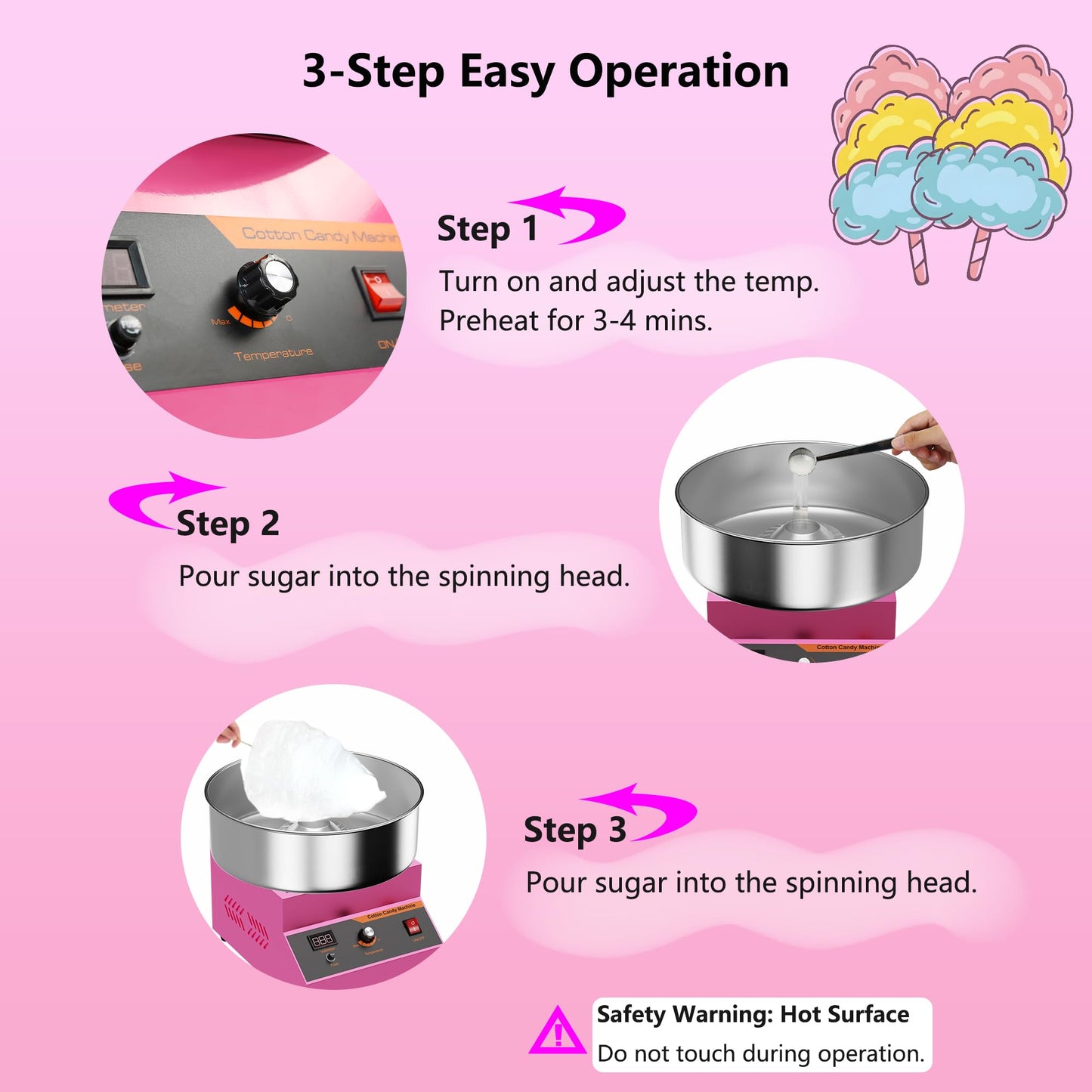 Cotton Candy Machine, Cotton Candy Maker for Home & Business, Professional 110V 1000W Cotton Candy Maker, with Stainless Steel Cover & Sugar Scoop, Candy Floss Machine for Home, Party, Carnival