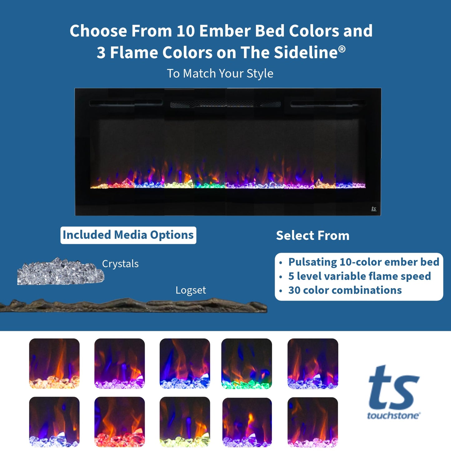 Touchstone Smart Electric Fireplace-The Sideline 36" Wide-in Wall Recessed - 30 Realistic Ember Color/Flame Options - 1,500W Heater w/Thermostat - Log & Crystal Hearth Options - Alexa/WiFi Enabled