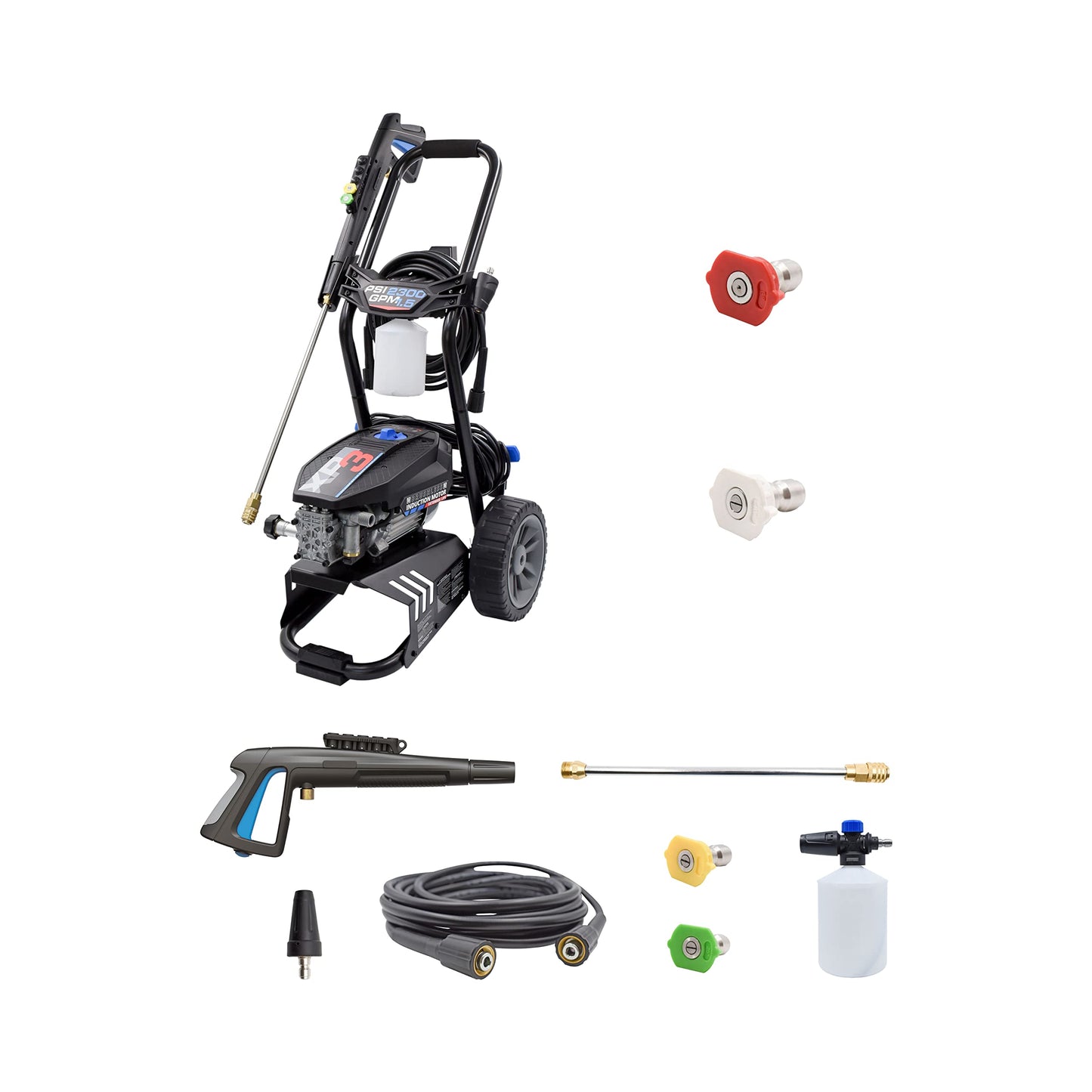 AR Blue Clean BMXP32300-BNDNZL, Includes BMXP32300 Electric Pressure Washer with Red & White 2300 PSI, 1.5 GPM, 0 & 40 Degree Spray Angle Nozzle, Trigger Gun, 25' Hose, 49 lbs, Black