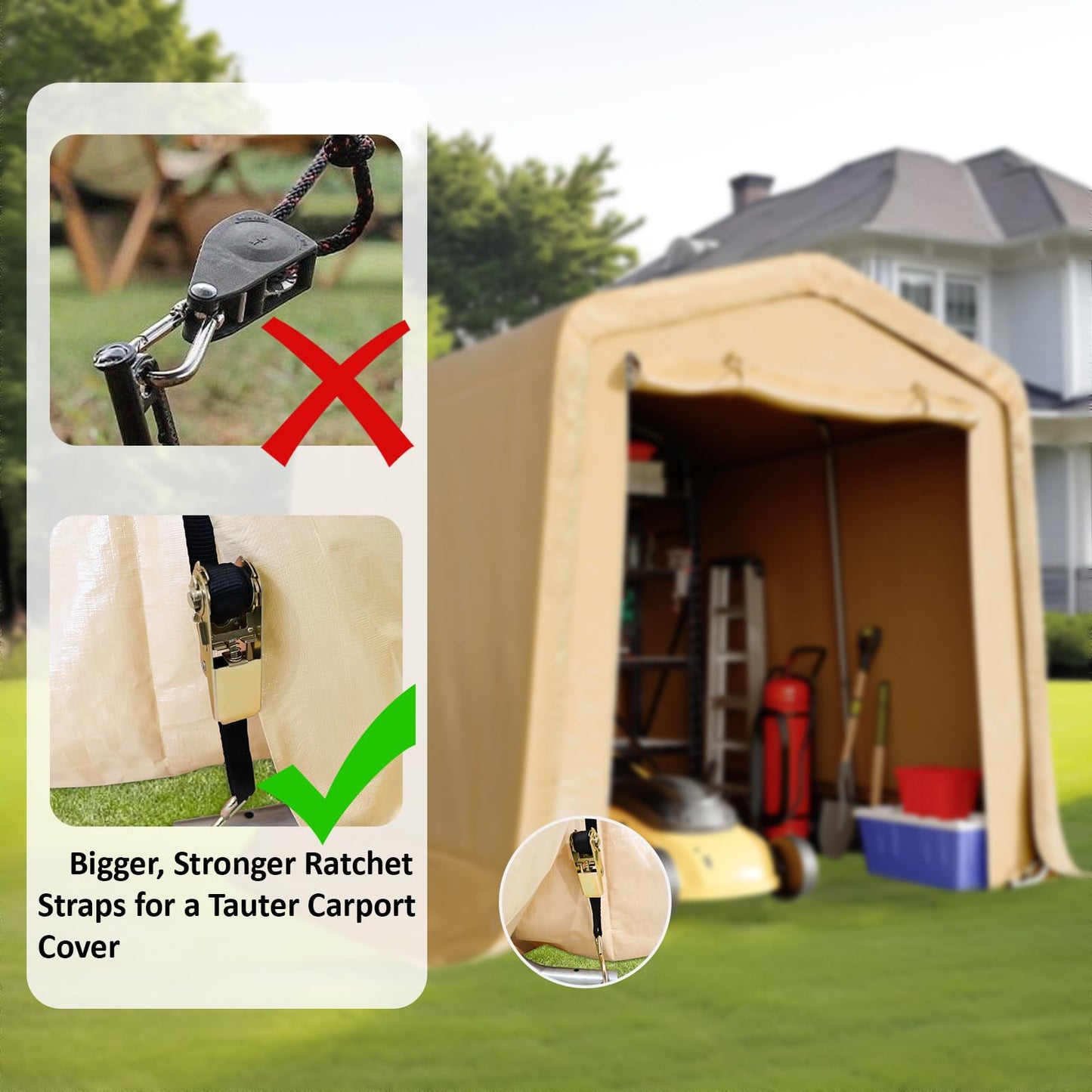CHARMELEON 8x8FT Heavy Duty Outdoor Storage Shelter,Portable Garage Shelter for Garden Tool Motorcycle Bike,All-Steel Metal Frame Storage Tent with Dual Doors & Thickened Fabric (Khaki)