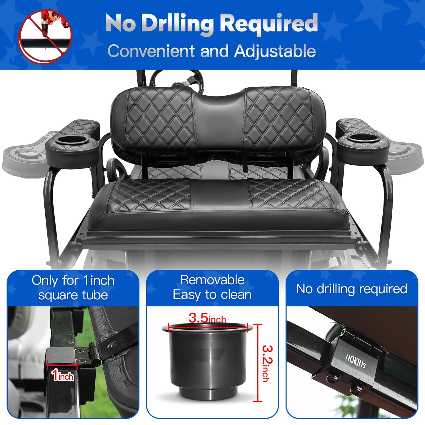 NOKINS Golf Cart Seat Covers for Club Car DS 2000.5-Up,Vinyl Front&Rear Seat Cover with Flip-Up Armrests kit,with Cup Holder, for 1" Square Tube(Black&Black Stitching)