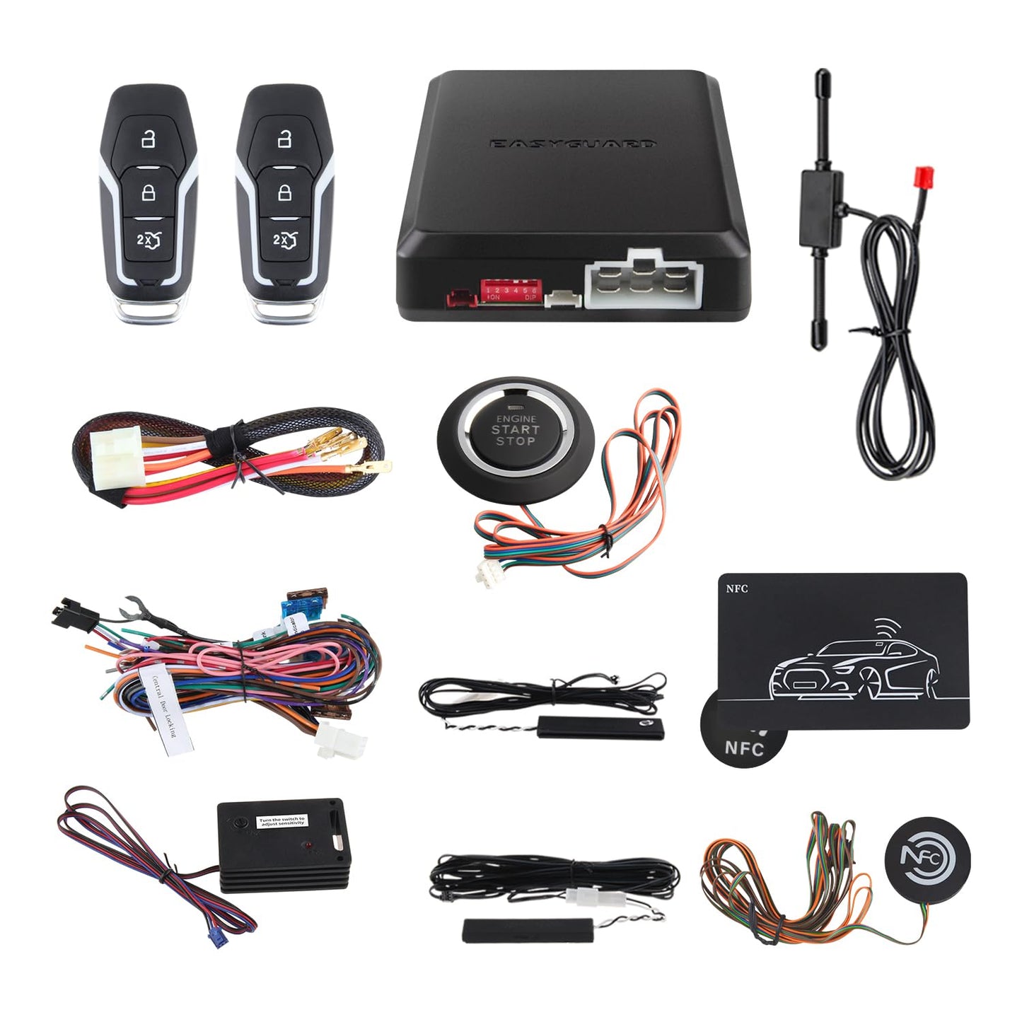 EASYGUARD EC002-F02-NFC-NS Passive Keyless Entry car Alarm Rolling Code with PKE Remote Starter with Passive keyless Entry Push Start Button NFC Lock Unlock（with Shock Sensor）