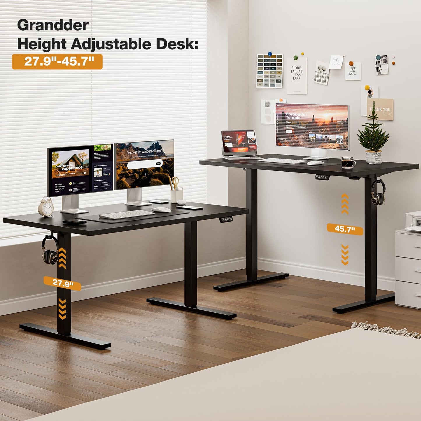 Grandder 55x32 Large Electric Standing Desk, Height Adjustable Computer Desk with 2 Memory Presets, 31.5" Deep Desktop Sit Stand Desk Home Office Desk Workstation Table with Hooks, Black