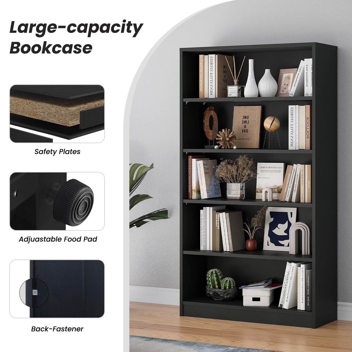 i-VTIES 5-Tier Bookshelf,60inch Tall Bookcase with Adjustable Shelves,Modern Display Book Shelf,Wood Storage Shelves for Bedroom, Office, Living Room & Library（Black）