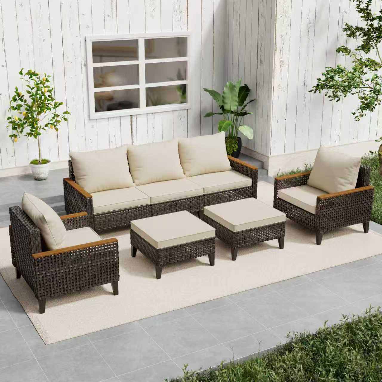 Xmkmvk 7 Piece Patio Sectional Sofa Furniture Set, All-Weather Wicker Rattan Outdoor Conversation Set with High Back and Thick Cushions, for Garden, Porch, Poolside, Beige