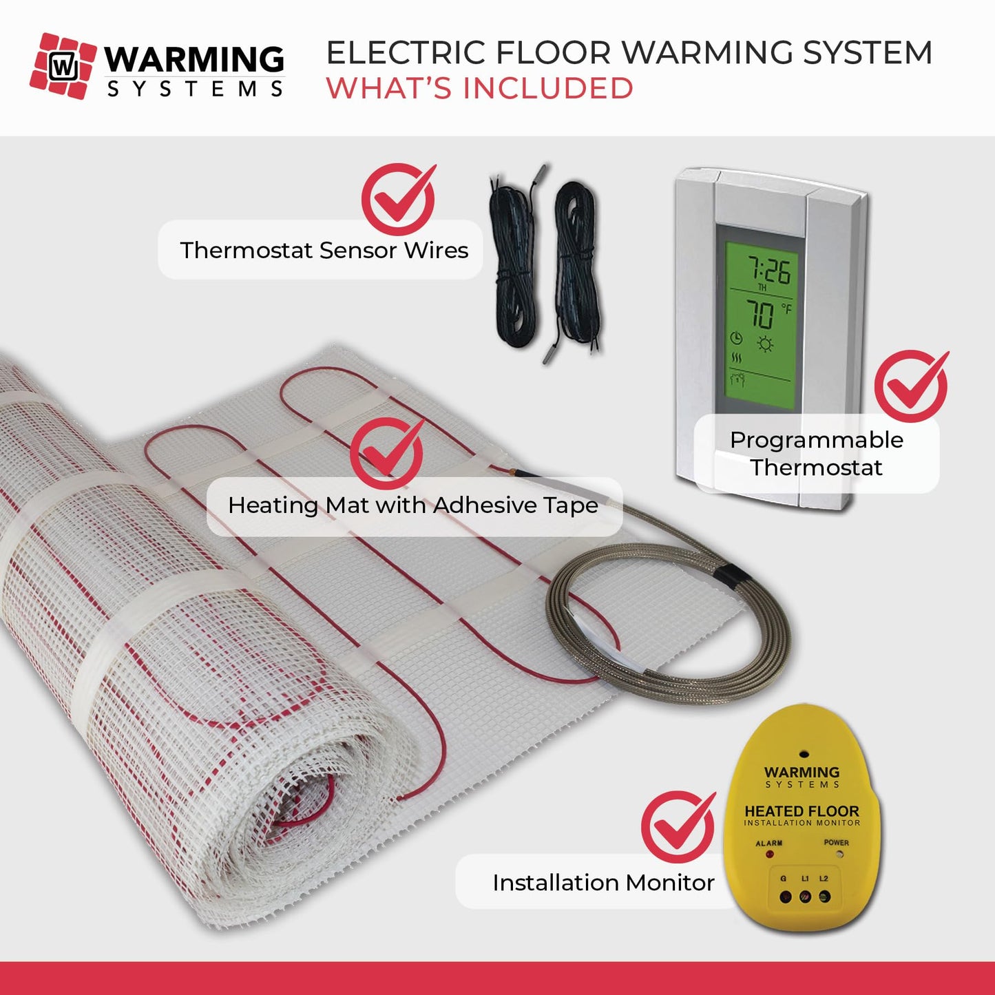 Warming Systems - 40 Sqft 120V Electric Radiant Floor Heating Mat – Includes Heating Mat, Programmable Thermostat, Thermostat Floor Sensor, Installation Monitor and Under Tile Heater