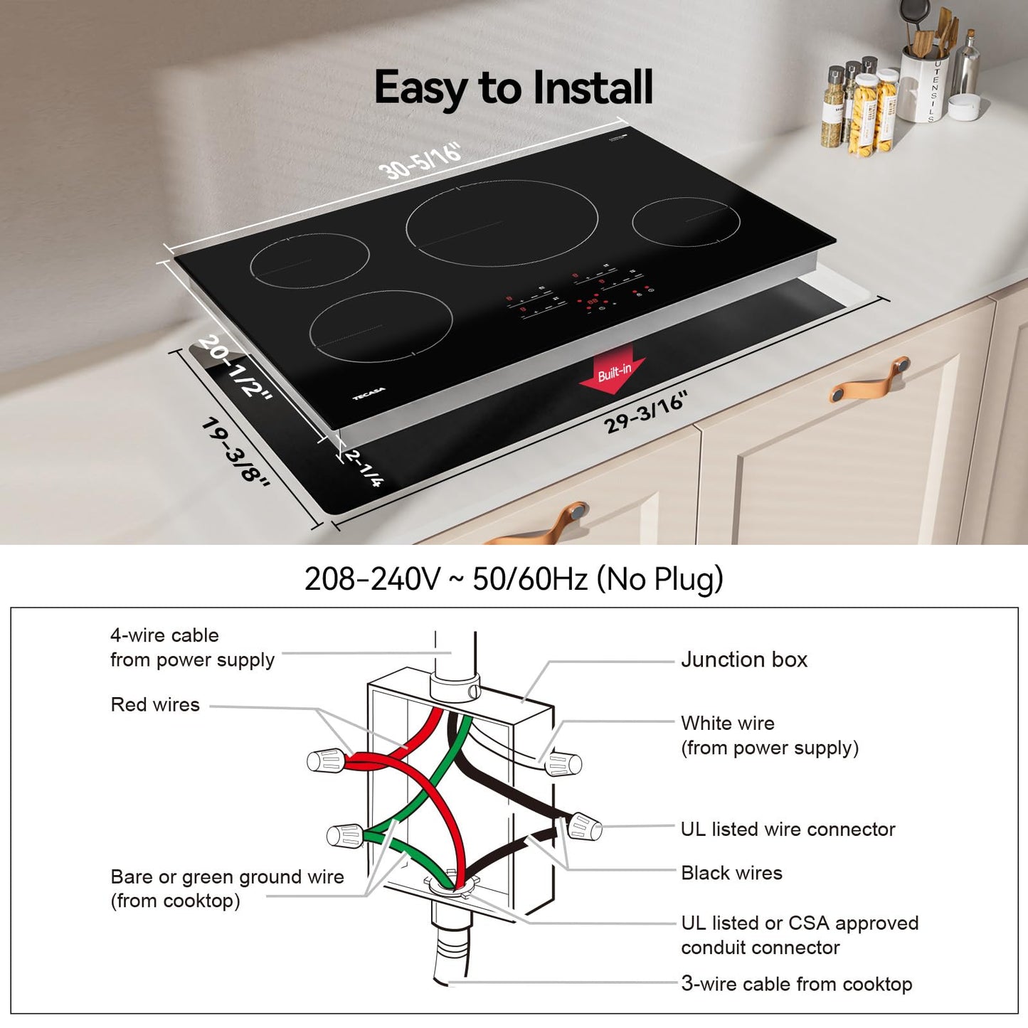 30 Inch Induction Cooktop 7400W, TECASA Built-in Induction Stovetop with 4 Boost Burner, Timer & Child Safety Lock, 9 Heating Level, Sensor Touch Control, 240V, Drop-in Electric Stove Top
