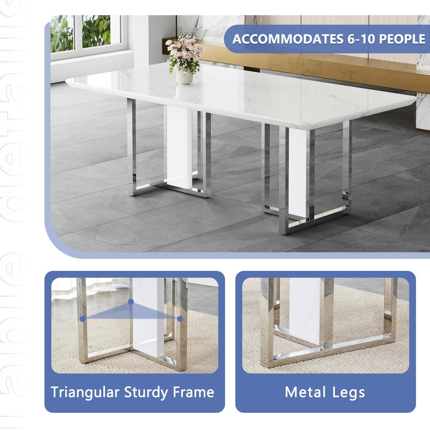 JUFU Dining Room Table Set for 8, Dining Set for 8 with 79'' Faux Marble Tabletop and Sturdy T-Shape Leg, White Rectangle Dining Room Set for 8 PU Chairs, Perfect for Dining Room and Kitchen