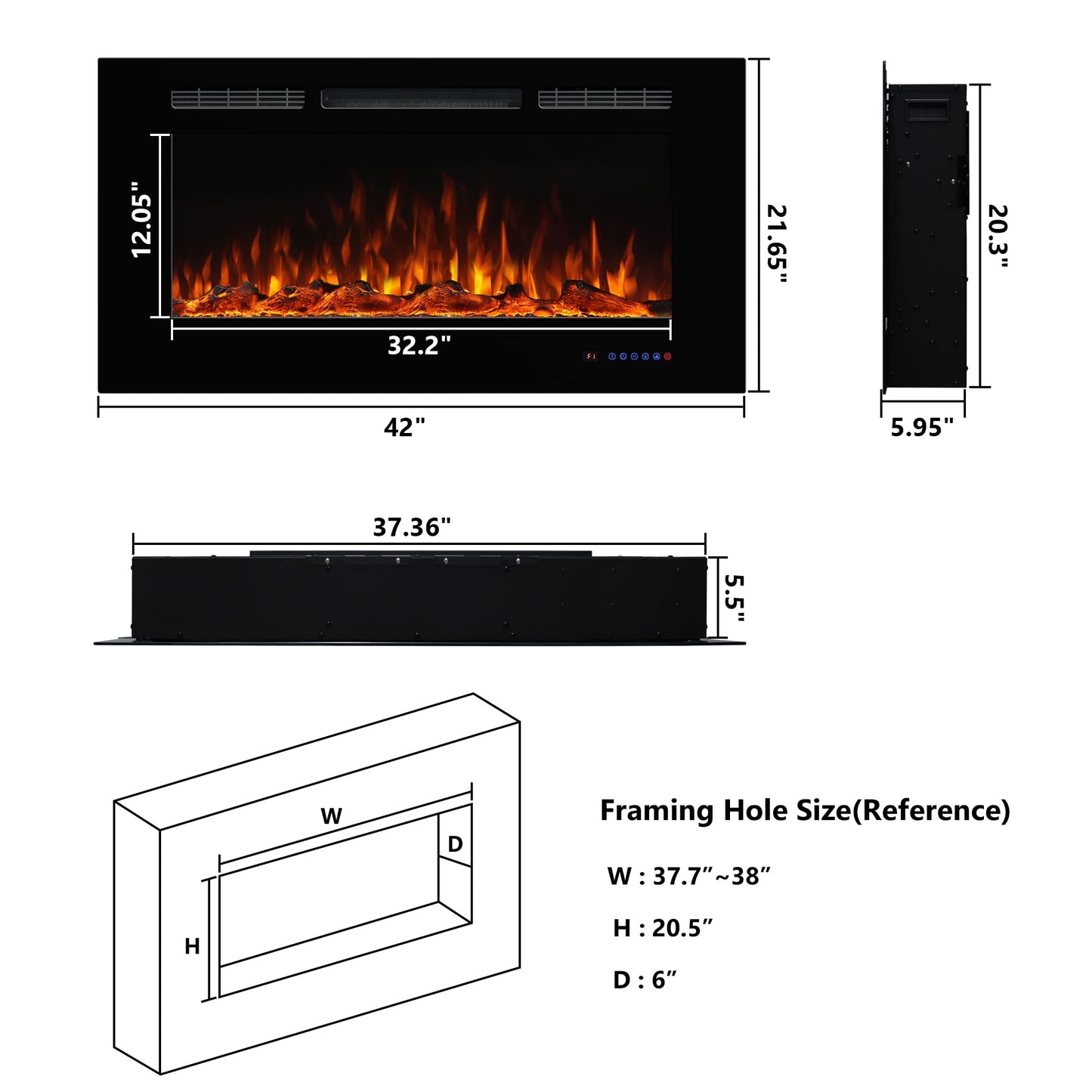 Dreamflame Electric Fireplace 42inches, Wall-Mounted & Recessed Fireplace Inserts, Multicolor Flame w/5 Dimmer, Remote Control Thermostat, Timer, Overheating Protection, Hardwire Connect, 1500W,Black