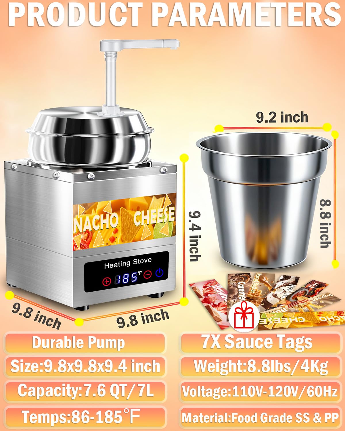 Nacho Cheese Dispenser with Pump - 7.6 QT Nacho Cheese Sauce Warmer Machine, Hot Fudge Warmer with 6-Level Temperature Adjustment, Commercial Dispenser for Syrup Hot Chili Caramel Peanut Butter