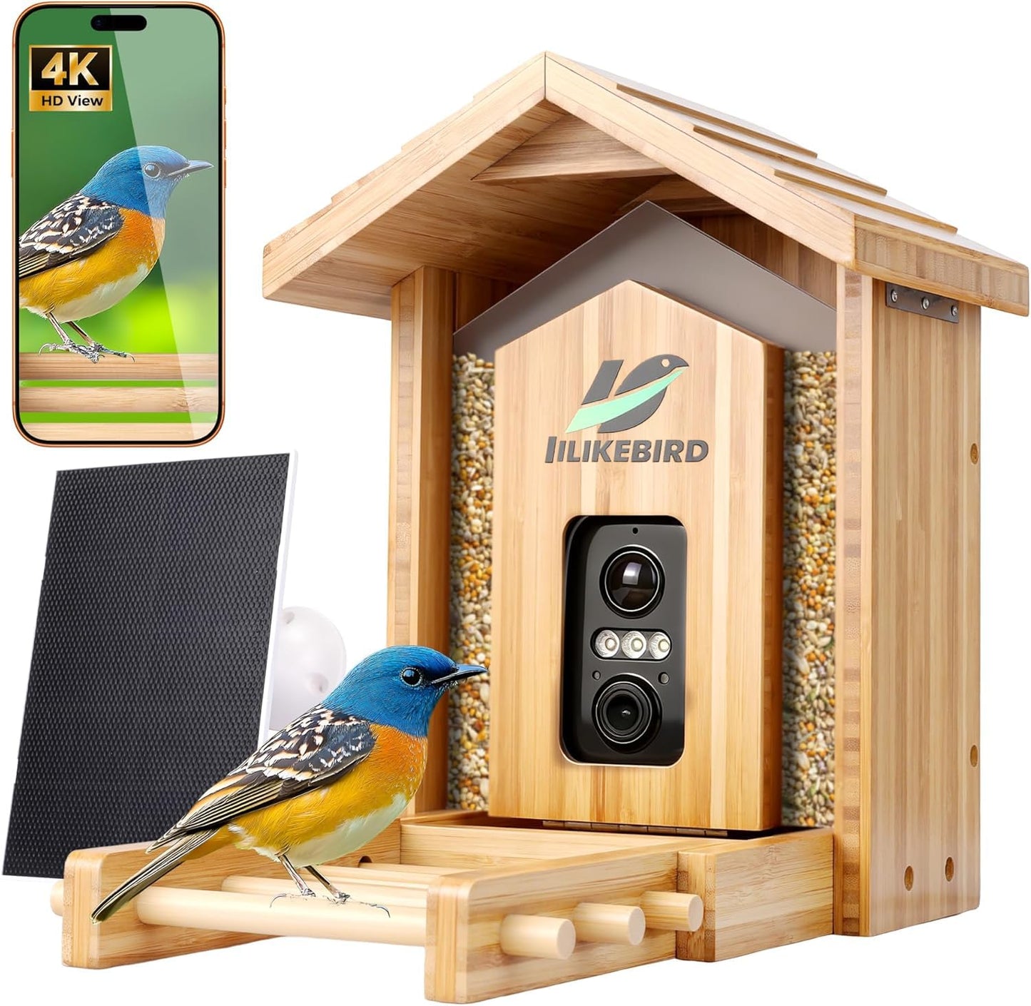 IILIKEBIRD Smart Bird Feeder with 4K Camera, 10000+ AI Bird Identification, Solar & USB-C Charging, IP65 Weatherproof, Wall/Pole Mount Small Bird Feeder for Outdoor Gardenf