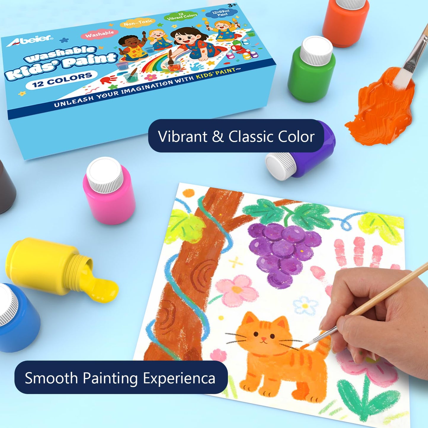 ABEIER Washable Kids Paint, Safe Non-Toxic Finger Paint, 12 Vibrant Colors(2 fl oz) with 3 Paint Brushes, Mess-Free Arts & Crafts Supplies for Toddlers & Grandkids, Ages 3, 4, 5