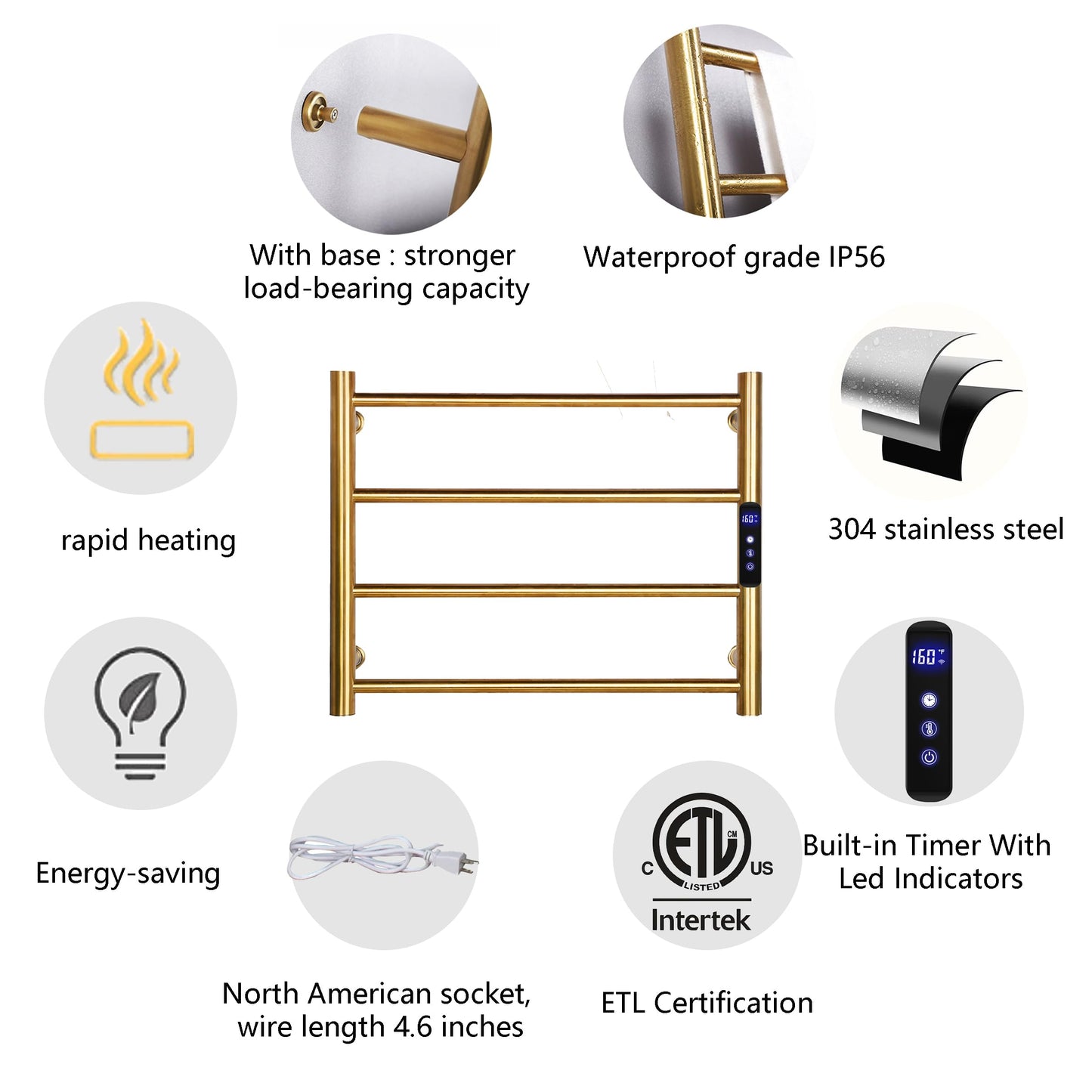 Towel Warmers for Bathroom, Wall Mounted Hot Towel Racks, Heated Towel Drying Rack with Timer & Temperature Multi-Level Adjustable (4 Bars Brushed Gold, Hardwired)