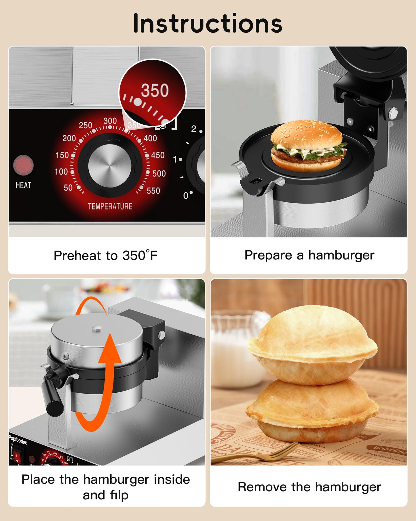Popfoodex Ufo Burger Maker Machine, 110V Electric Ufo Sandwich Maker w/Adjustable Temperature and Timer, Stainless Steel Ice Cream Burger Maker for Dining Room, Kitchen, Restaurant, Burger Sealer