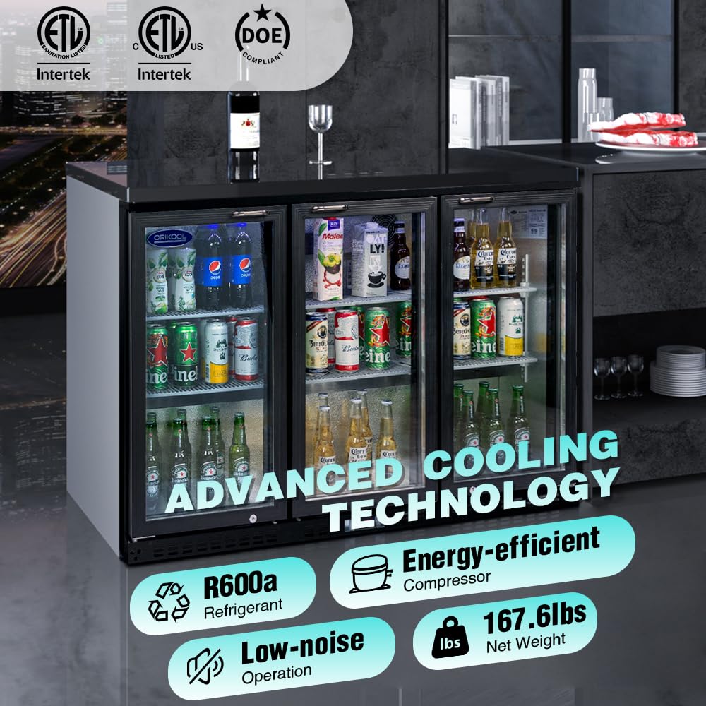 ORIKOOL Back Bar Cooler - 480 Can Capacity Beverage Refrigerators, 3 Hinged Glass Doors, LED Lighting, Adjustable Shelves, Safety Door Lock, Perfect for Bars, Restaurants & Home