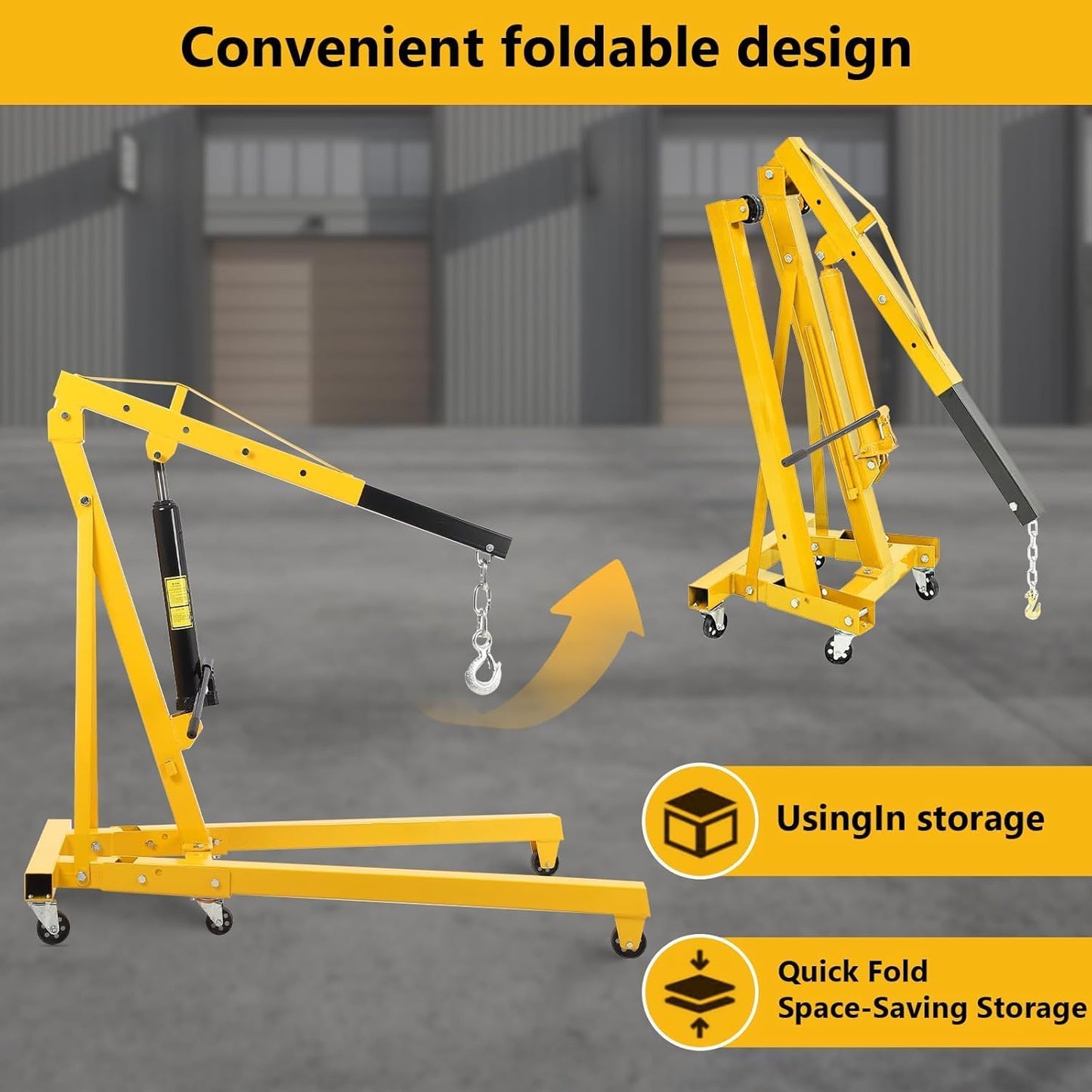 2 Ton Hydraulic Engine Hoist, 4400LBS Heavy Duty Cherry Picker Engine Hoist Lift with 6 Casters, Folding Crane Lifter with Telescopic Boom, for Workshop, Warehouse, Yellow