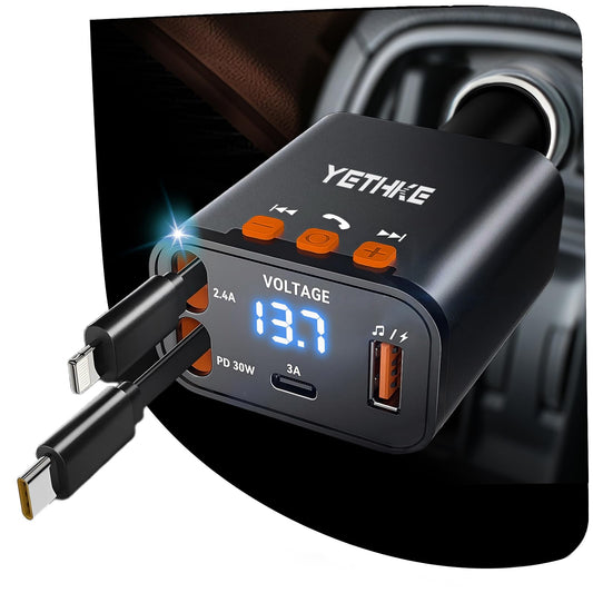 Retractable Car Charger,[Upgrade] Bluetooth 5.4 FM Transmitter Adapter, 4 in 1 Fast Car Chargers 69W, Handsfree Call, USB Cars Phone Charger and 2 Retractable Cable for iPhone 16 15 14, Galaxy-Black