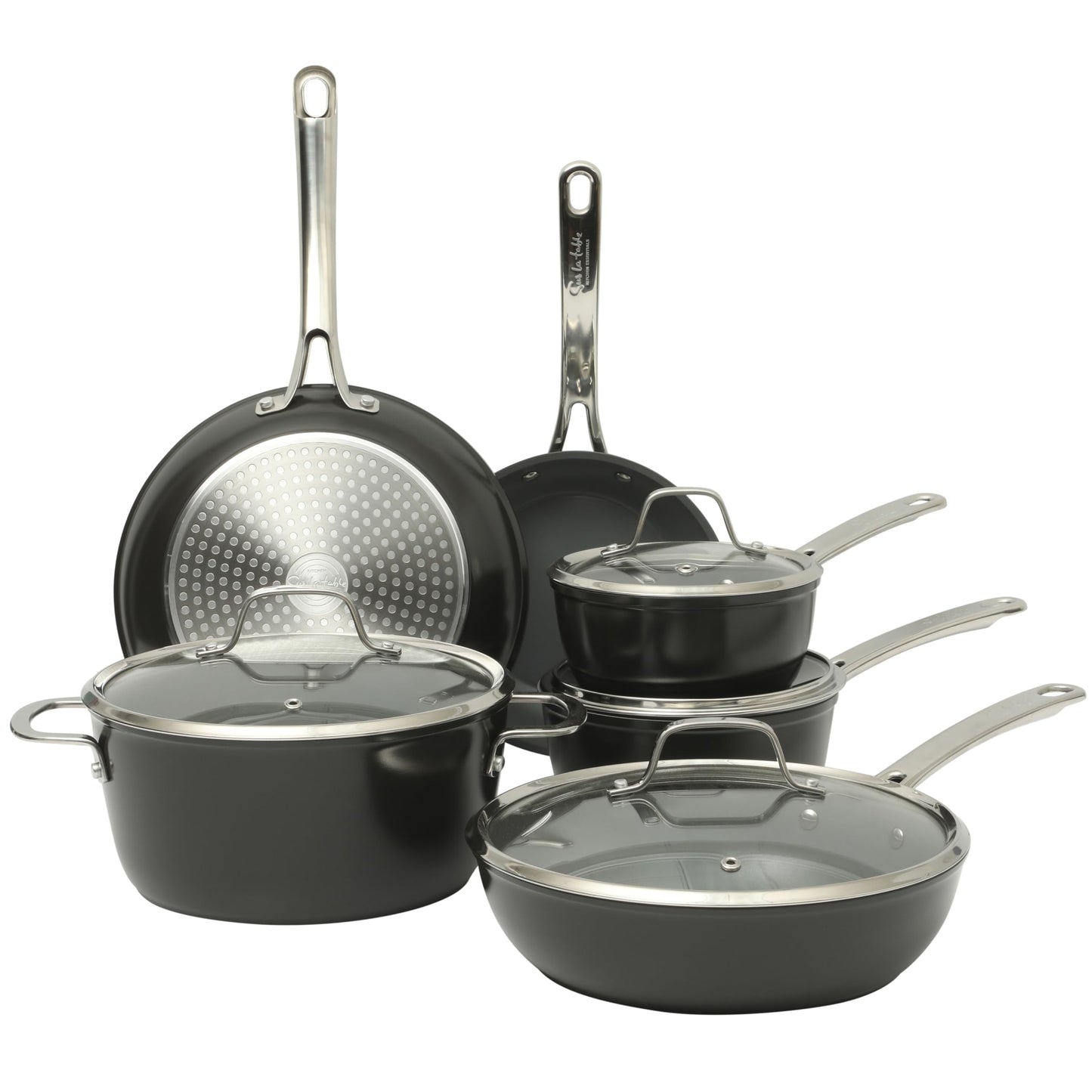 Sur La Table Kitchen Essentials Cool Commune Hard Anodized 10 Piece PFA Free Ceramic Non stick Interior Forged Durable Aluminum Pots and Pans Cookware Set - Black - Induction Compatible