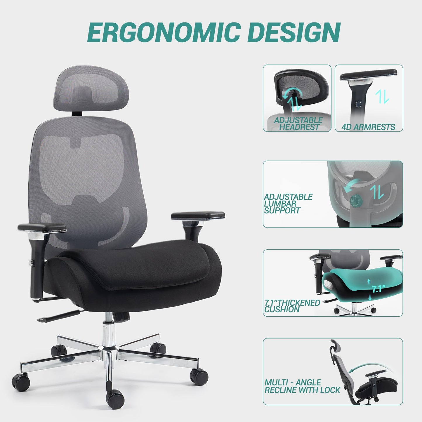 WENTUM 750 LBS Big and Tall Office Chair, Heavy Duty Executive Chair w/4D Arms, Ergonomic Computer Home Desk Chair, Swivel Mesh Chair w/2D Lumbar Support, Adjustable Headrest, Tilt Lock-Black and Grey