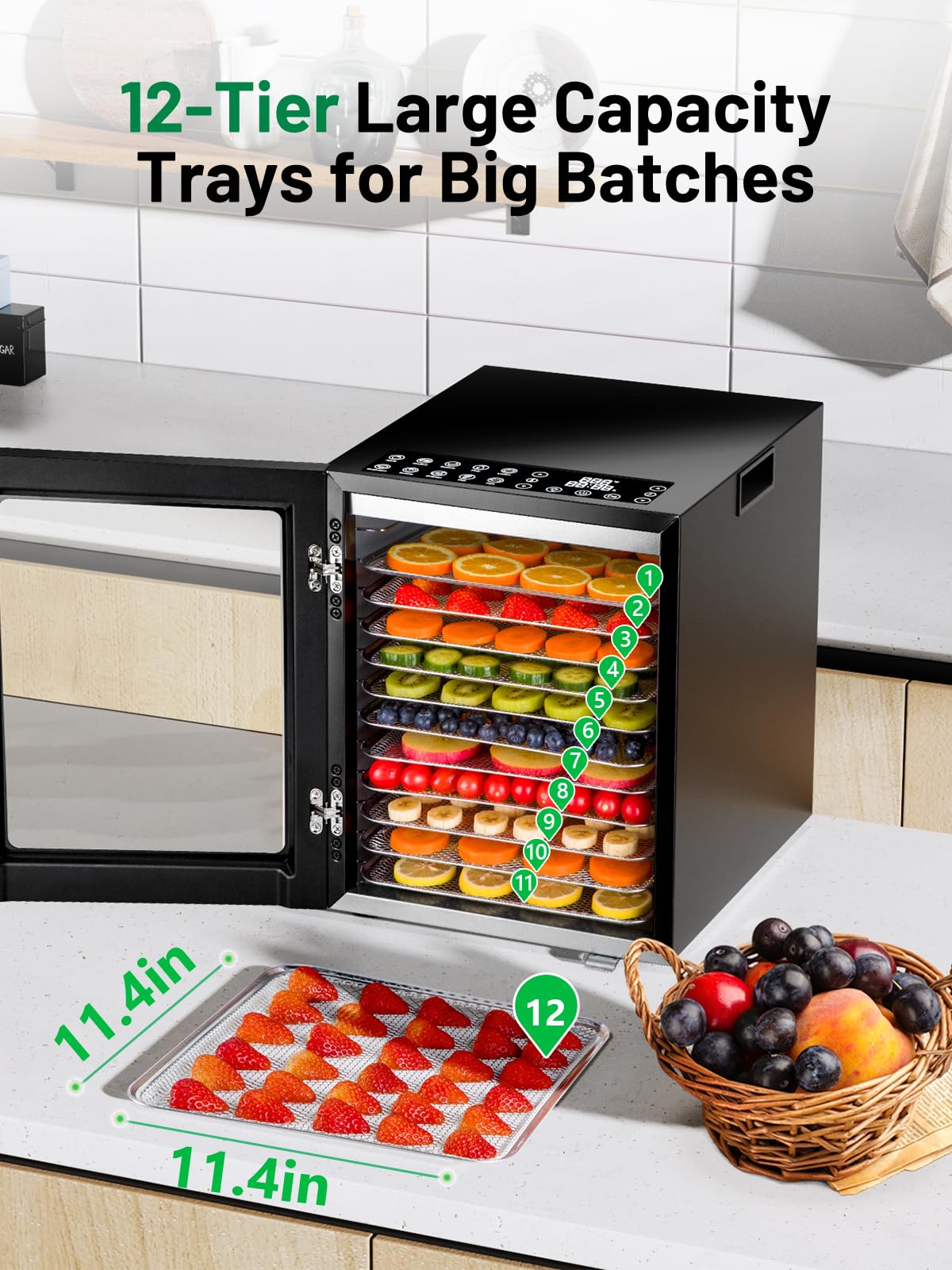 Food Dehydrator for Jerky, 12 Stainless Steel Trays, 10 Presets, 165℉ Temperature Control, 48H Timer, 850W Dryer Machine for Dog Treats, Herb, Veggies, Meat, Fruit