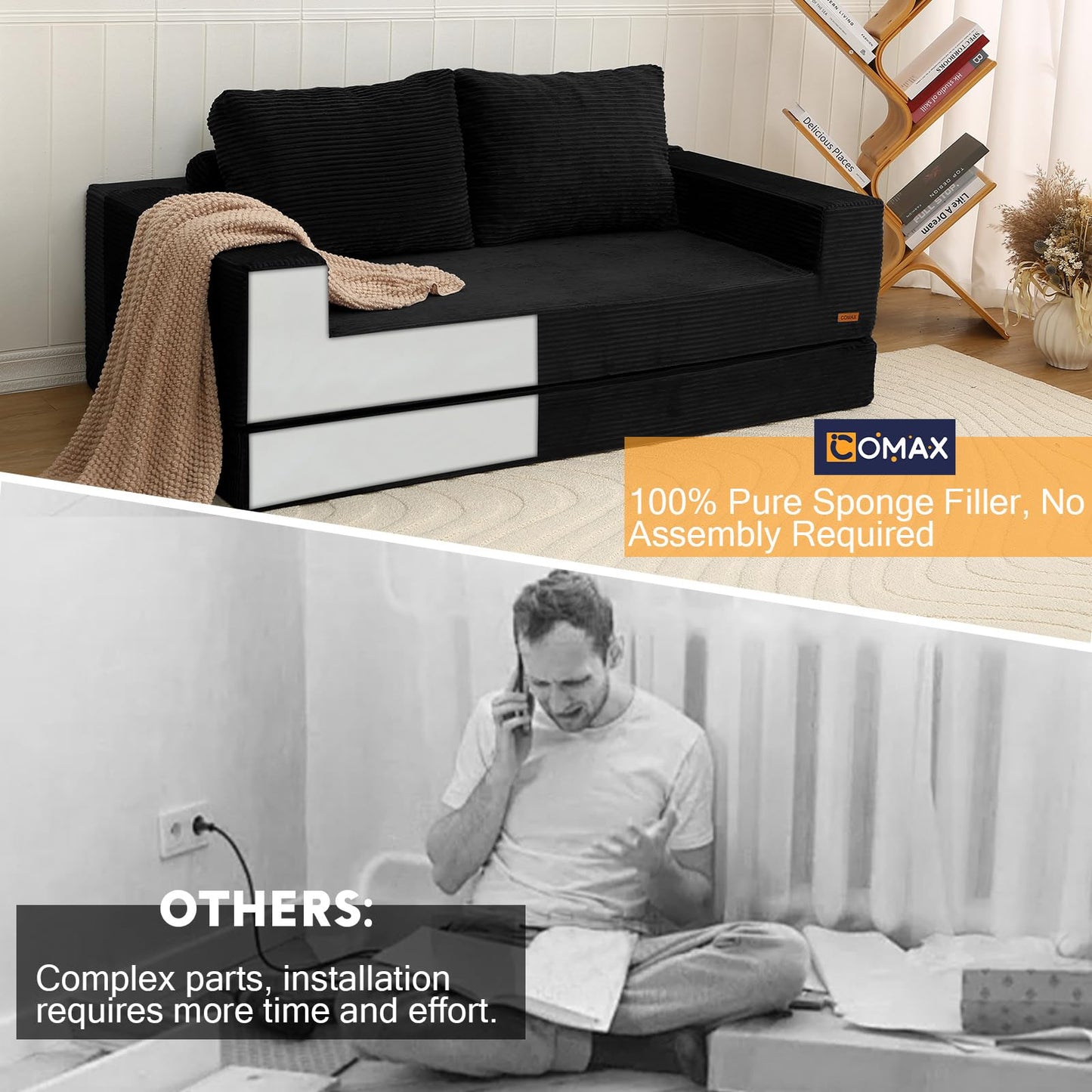 COMAX Convertible Sofa Bed Queen, Corduroy Folding Floor Couch Pull Out Couch Bed Futon Sleeper with Pillows, Fold Out Boneless Sofa Comfy Lounge Mattress Loveseat for Living Room Bedroom, Black
