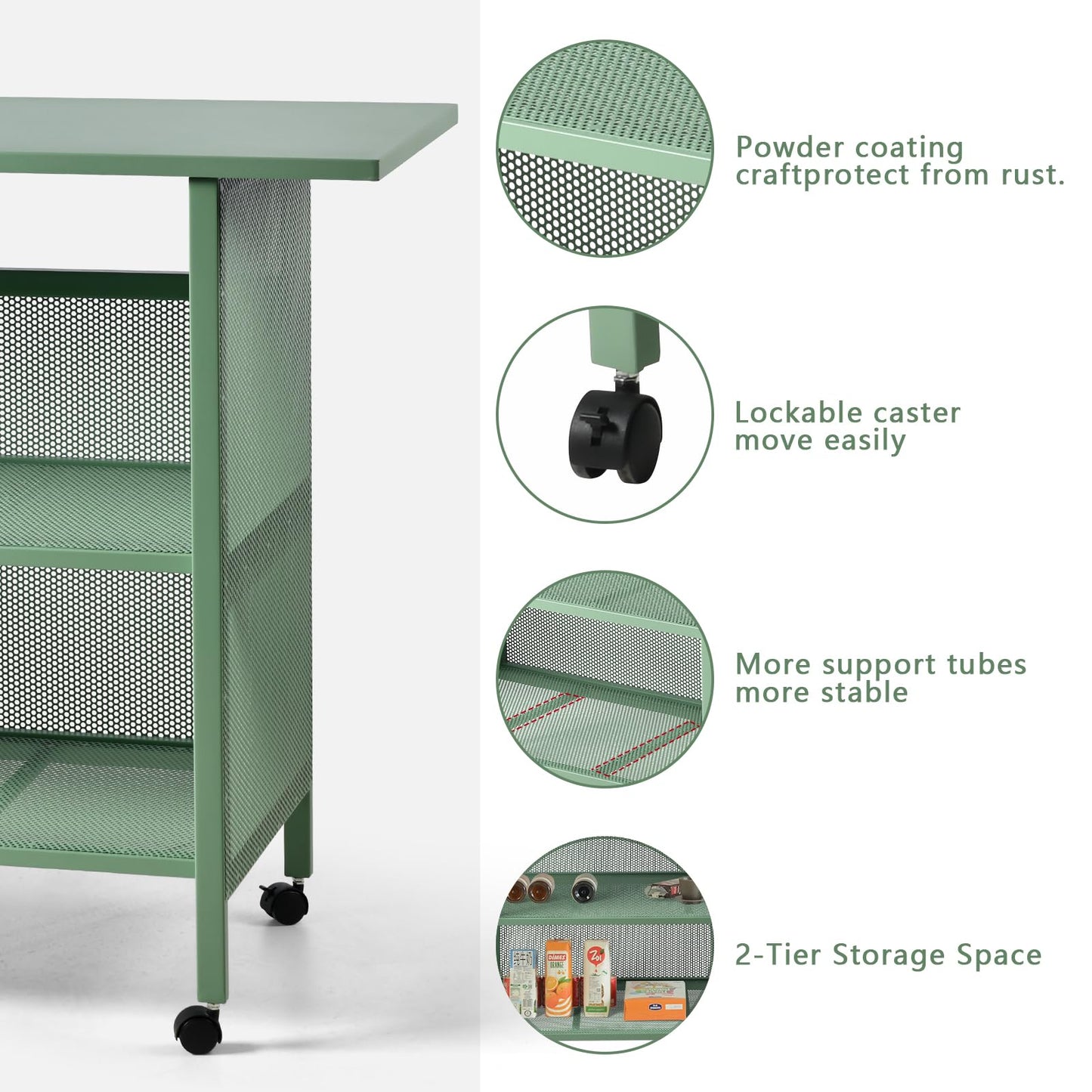 BOKKOLIK Industrial Kitchen Cart, 47.3x19.7x36.6 inches, 3-Tier Metal Rolling Serving Cart with Casters, Green