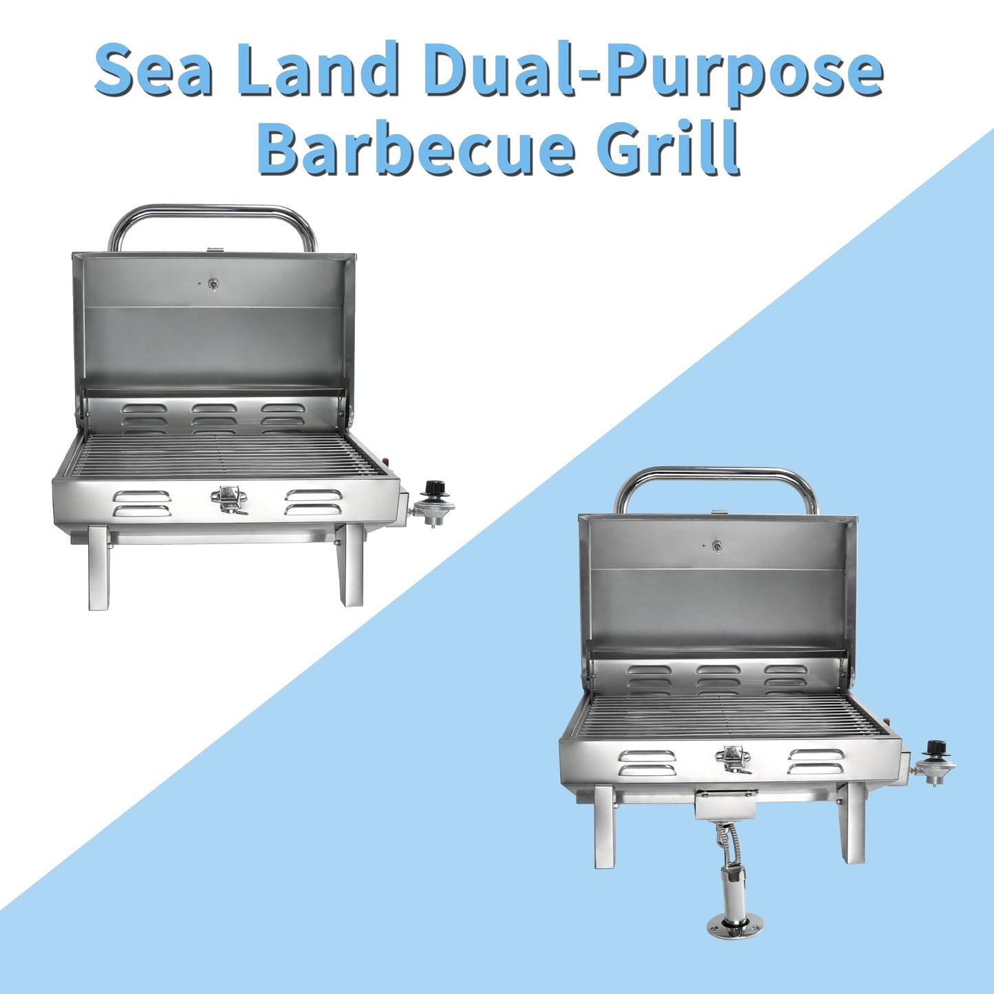 Pvrud Boat Grill Stainless Steel Marine Grade Propane Gas Grill Adjustable Rotating Barbecue Grill with Folding Legs for Boat Camping Yacht Backyard