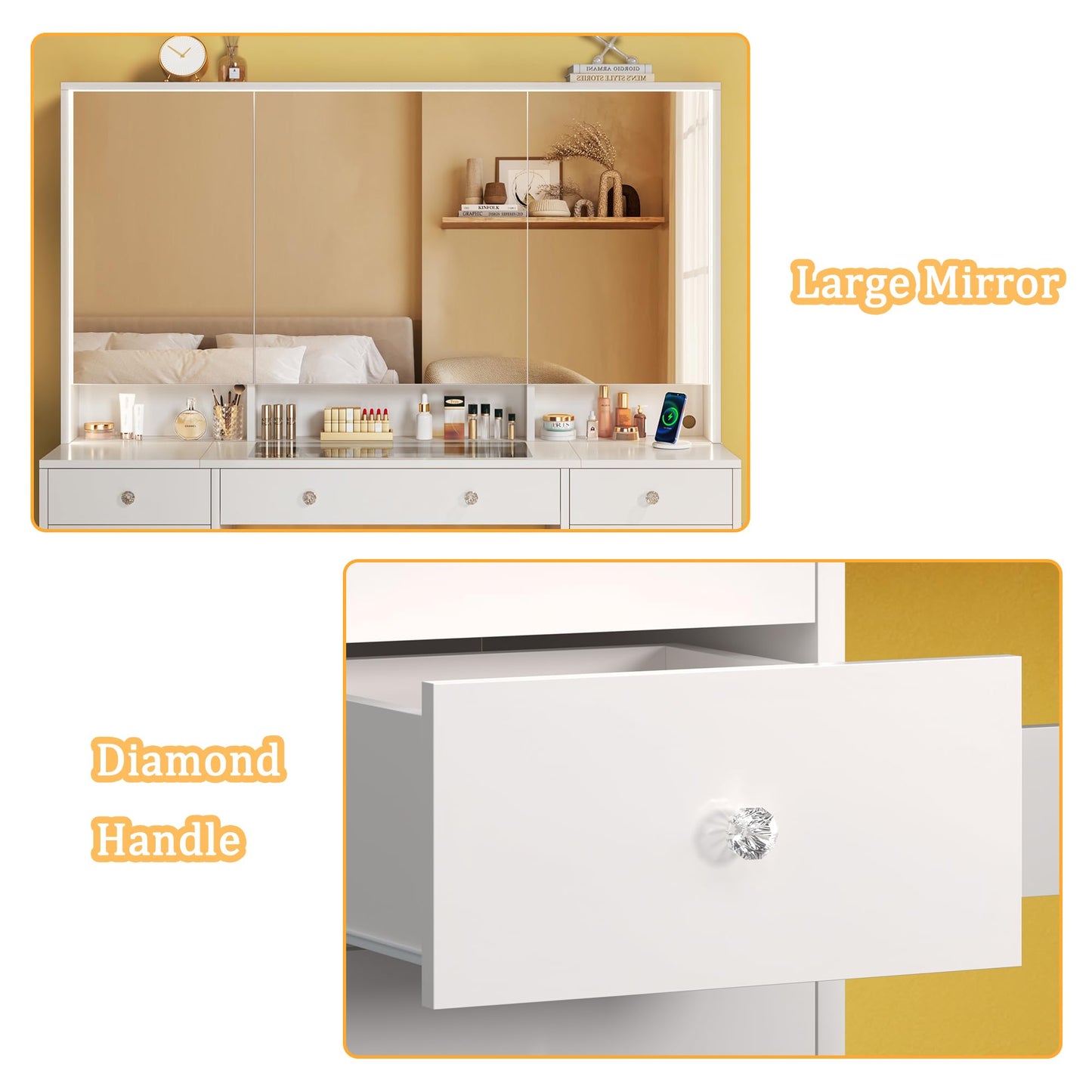 HUAHUU 50'' Glass Top Makeup Vanity with 11 Drawers, White Vanity Desk with Large LED Mirror & Lights, Built-in Charging Station & 3 Light Modes, Brightness Adjustable, 8 Hidden Shelves, White