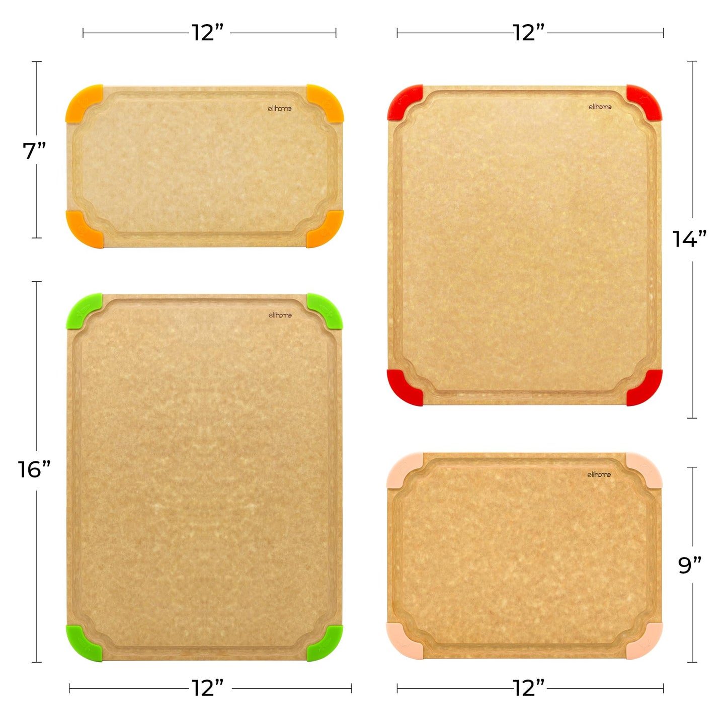 Elihome Cutting Wise 4pcs Kitchen Cutting Board Set, Non Slip Feet, Color Coded with Food Icon, Natural Wood Fiber, Dishwasher Safe, Eco-Friendly, Juice Grooves,Non Porous, BPA Free, Made in USA
