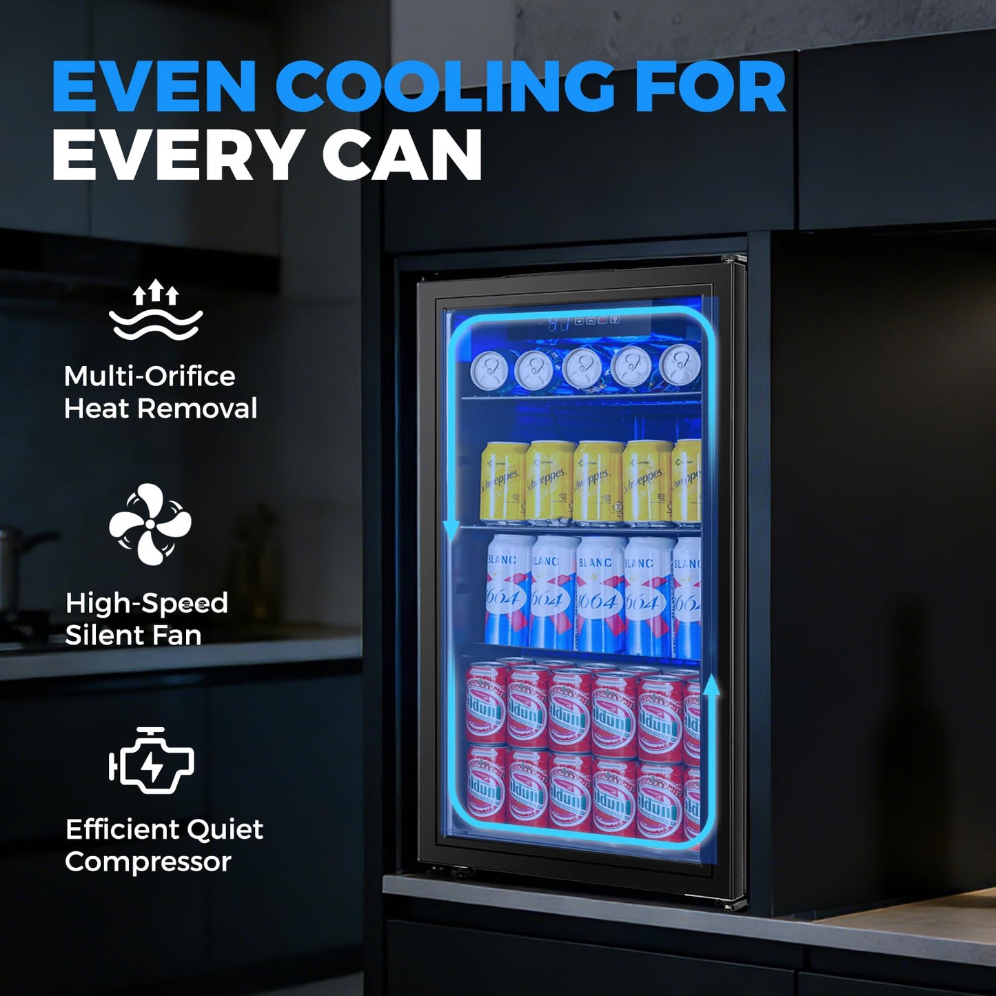 BINGERMA Under Counter Beverage Refrigerator 4.0 Cu.Ft, Glass Door Drink Fridge with Blue LED Light and Adjustable Temperature for Soda, Beer and Cans, Compact Mini Bar for Kitchen and Office