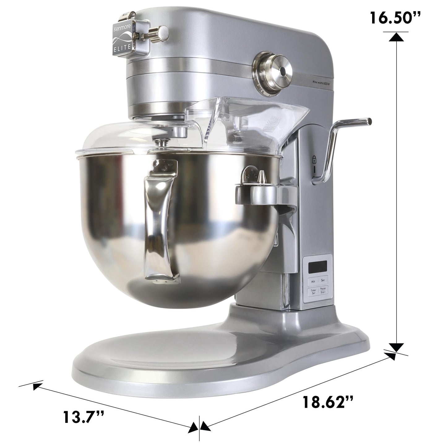 Kenmore Elite Heavy-Duty 6 Qt Bowl-Lift Stand Mixer, 600 Watts, with Flat Beater, Wire Whisk, Dough Hook, Stainless Steel Bowls, LED Light, Digital Countdown Timer, Metallic Grey