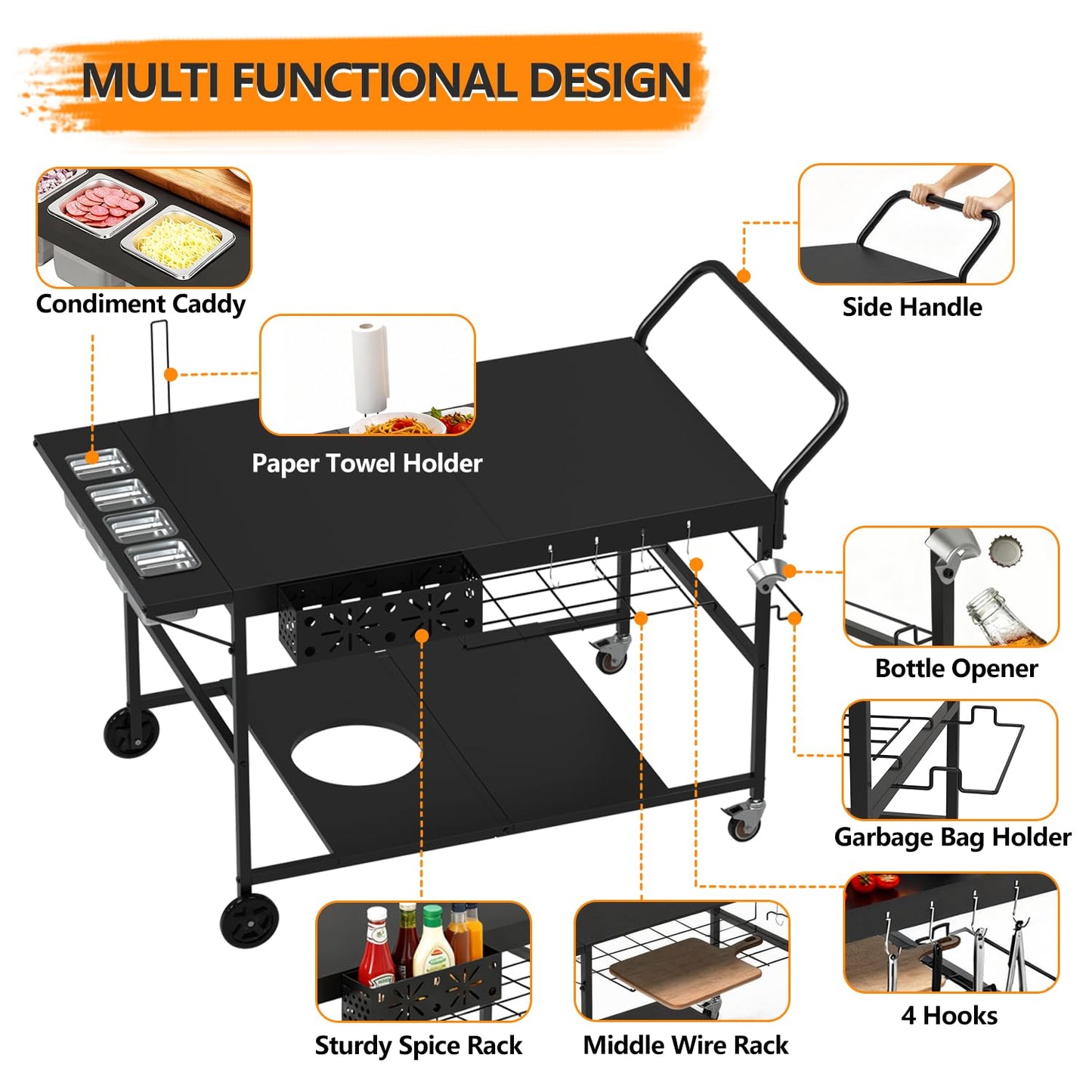Lezbanz Pizza Oven Table with Topping Station, Outdoor Pizza Oven Cart, Grill Cart Table for Blackstone Griddle, Pizza Prep Station with Storage & Seasoning Tray, for Ninja, Cuisinart, Gozney