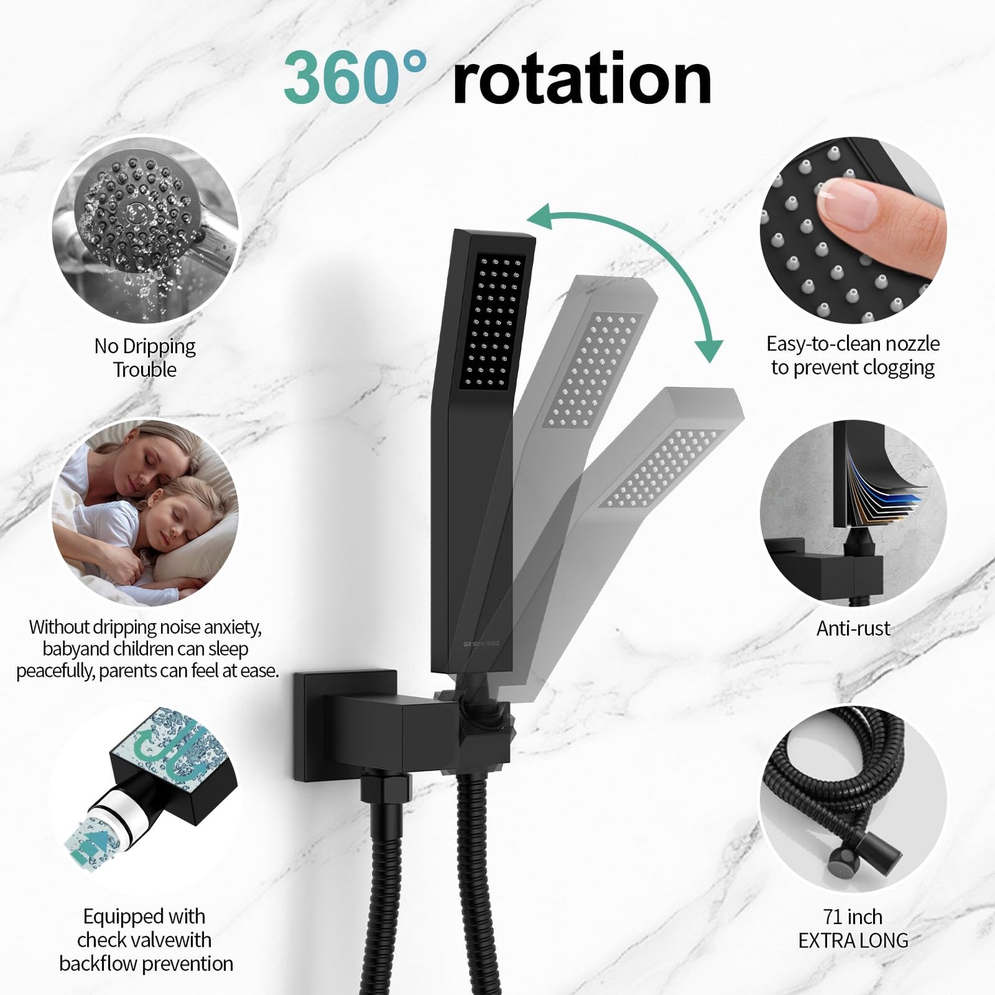 SR SUN RISE 12 Inches Matte Black Shower System 12 Inch Brass Bathroom Luxury Rain Mixer Shower Combo Set Wall Mounted Rainfall Shower Head System Shower Faucet Rough-in Valve Body and Trim Included