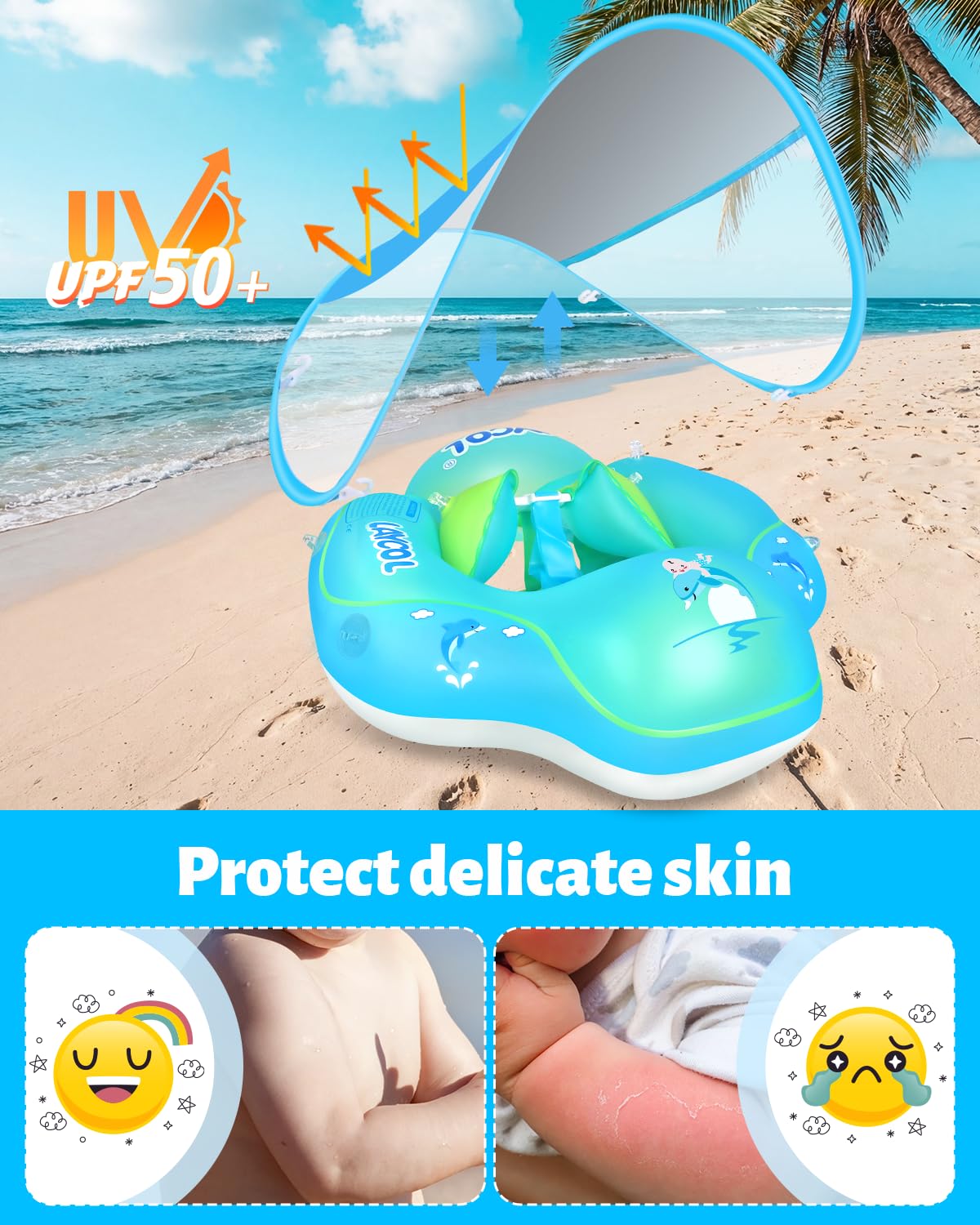 LAYCOL Baby Pool Float with Canopy UPF50+, 5 Point Safety Buckle No Flip Over, Inflatable Toddler Floaties Infant Pool Floats with Double Air Chambers, Baby Beach Essentials/Traval for 3-36M Blue S