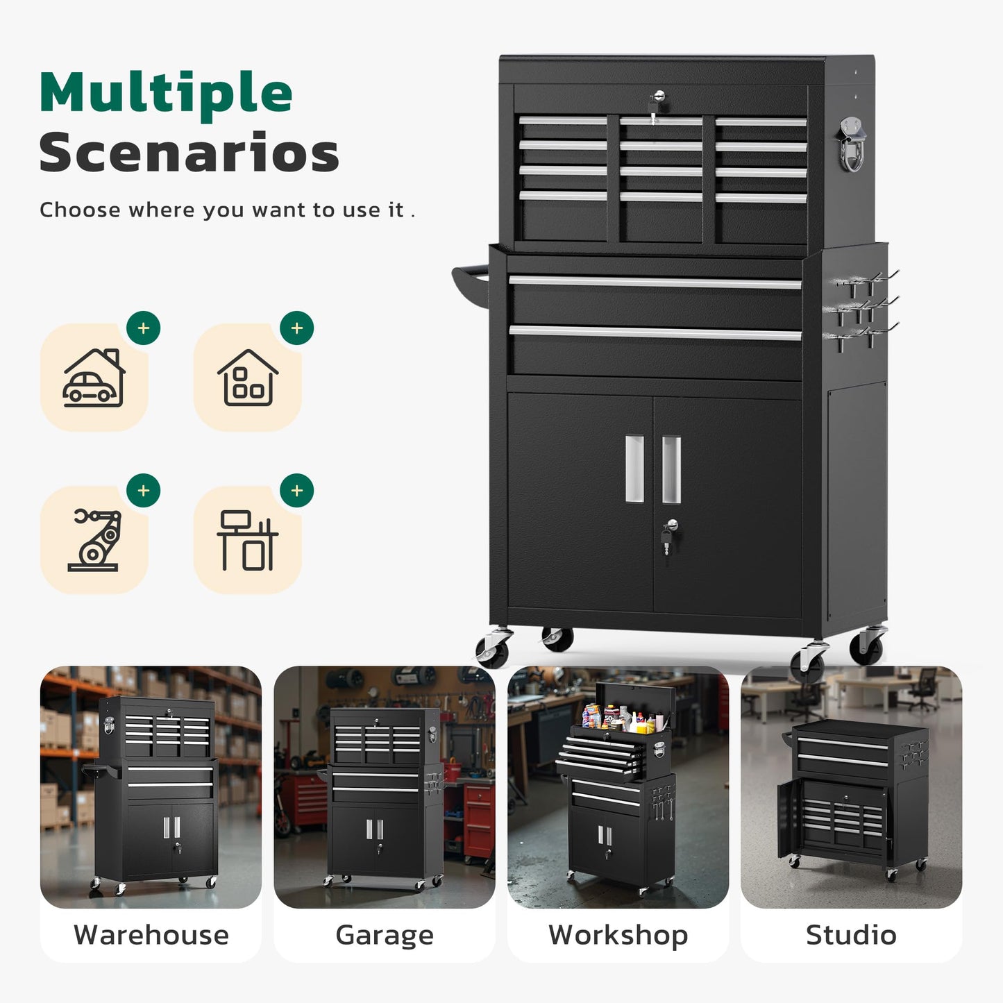Greenvelly Metal Tool Chest,8-Drawer Rolling Tool Cart with Wheels,2 in 1 Detachable Tool Cabinets,Tool Box,Liners and Locking System for Garage,Warehouse,Workshop, Barbershop(Black)