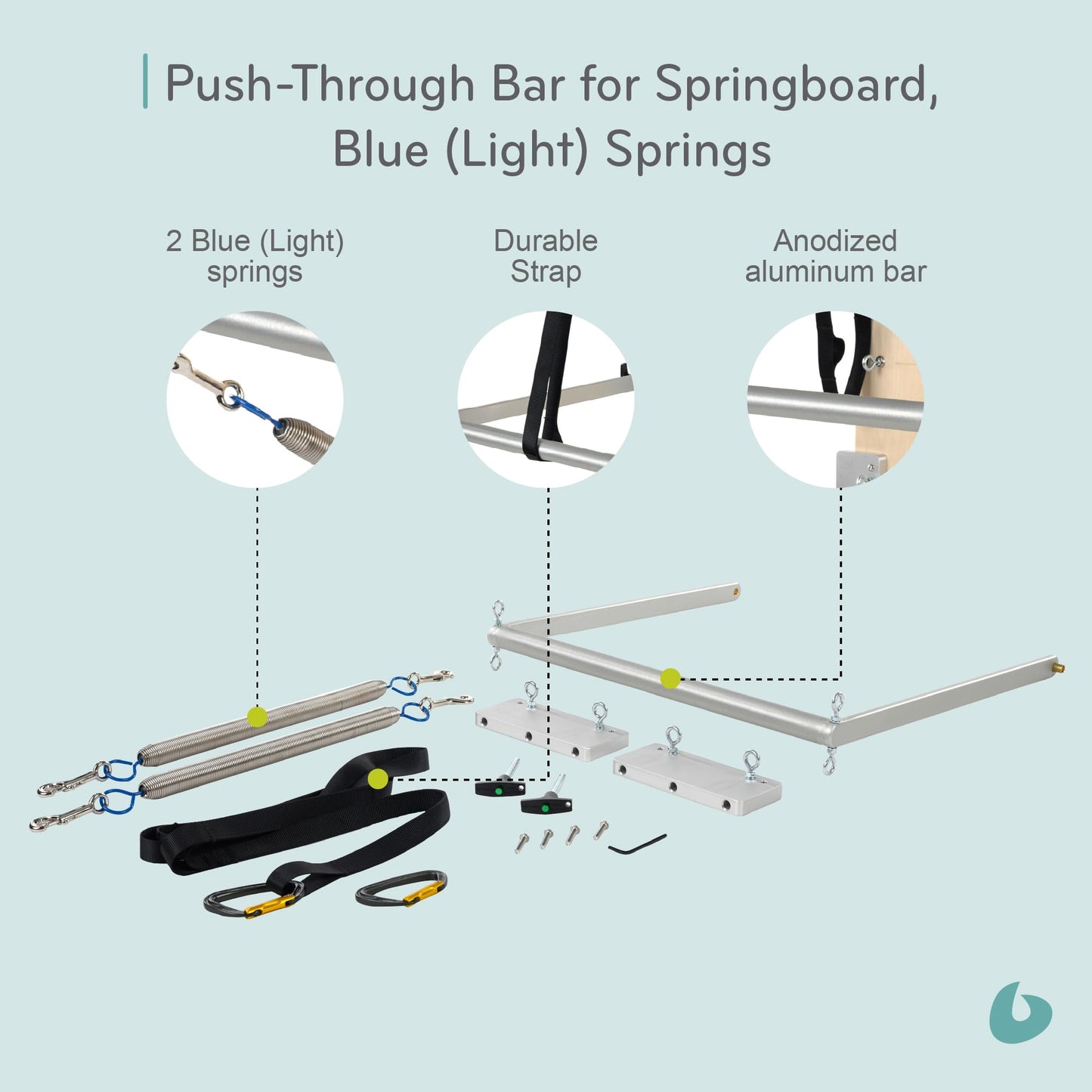 Balanced Body Push-Through Bar Kit for Pilates Springboard, Pilates Wall Equipment for Home Gym or Studio Use, Blue, Light Resistance Springs