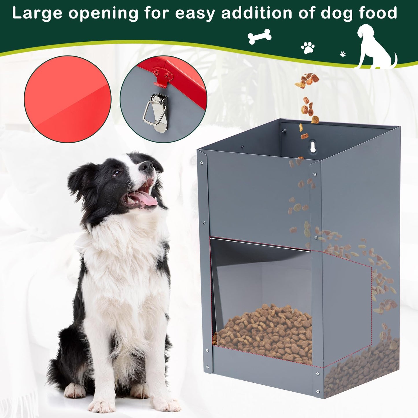 4 Pcs 25 Lbs Large Galvanized Automatic Dog Feeder Dog Food Dispenser with Handle Acrylic Panel Galvanized Gravity Feeder Thickened Rust Proof Outdoor Hanging for Doggie Breed Food Container