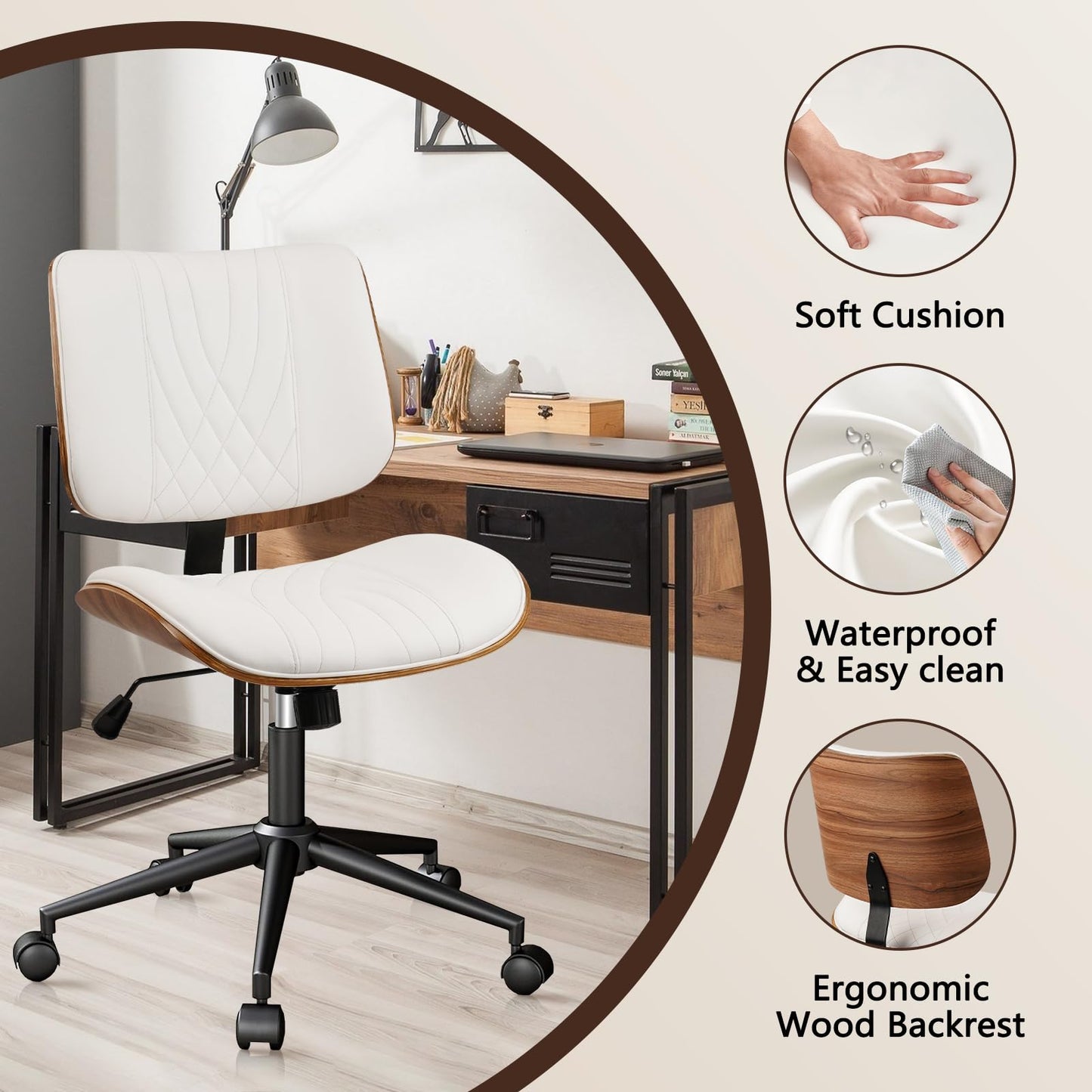 CLATINA Armless Home Office Chair, Desk Chair with Wheels, Adjustable Height Reading Chair, Leather Mid Back & Swivel Computer Chair, Modern Walnut Chairs with Back for Studio Meeting Room(White)