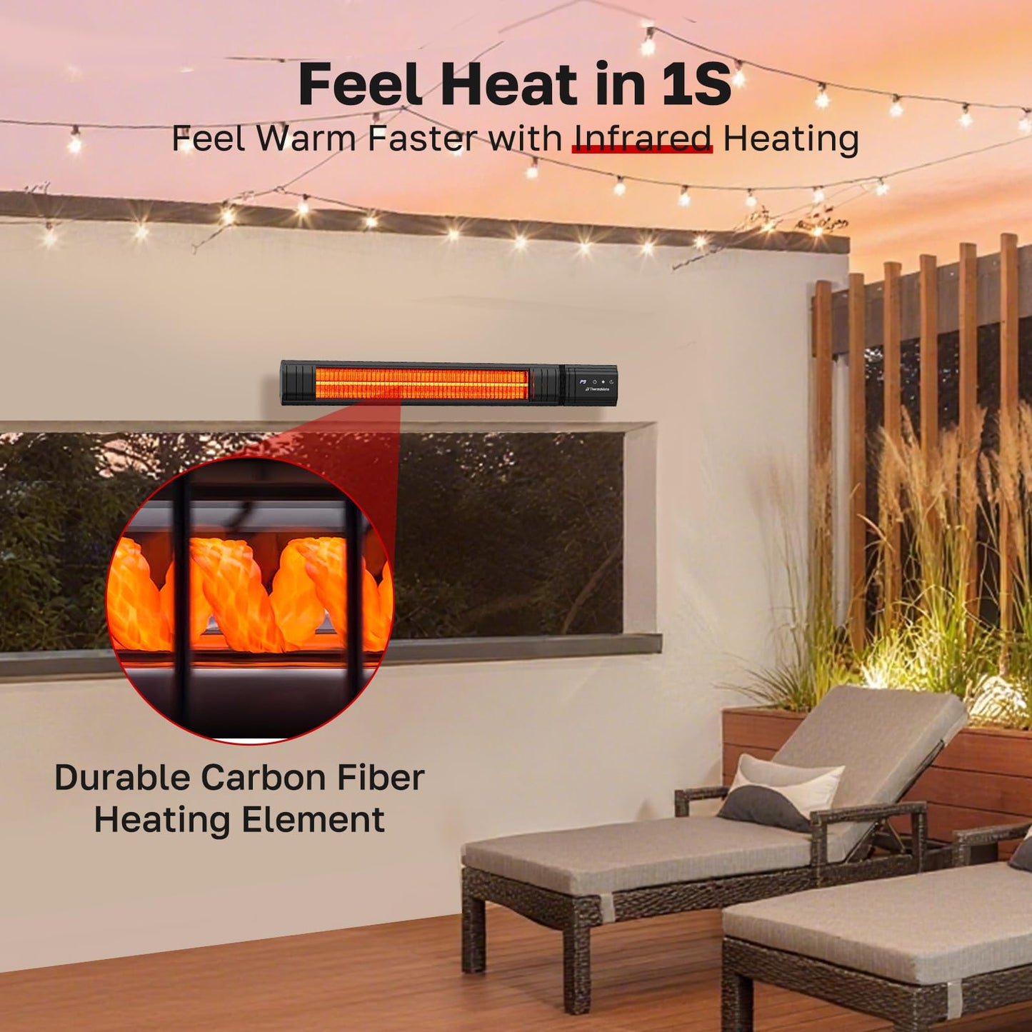 ThermoMate Infared Patio Heater for Outdoor, Electric 1500W IP65 Waterproof with Remote, 9 Heating Levels & 24H Timer for Restaurant Backyard, Plug-in 120V Black