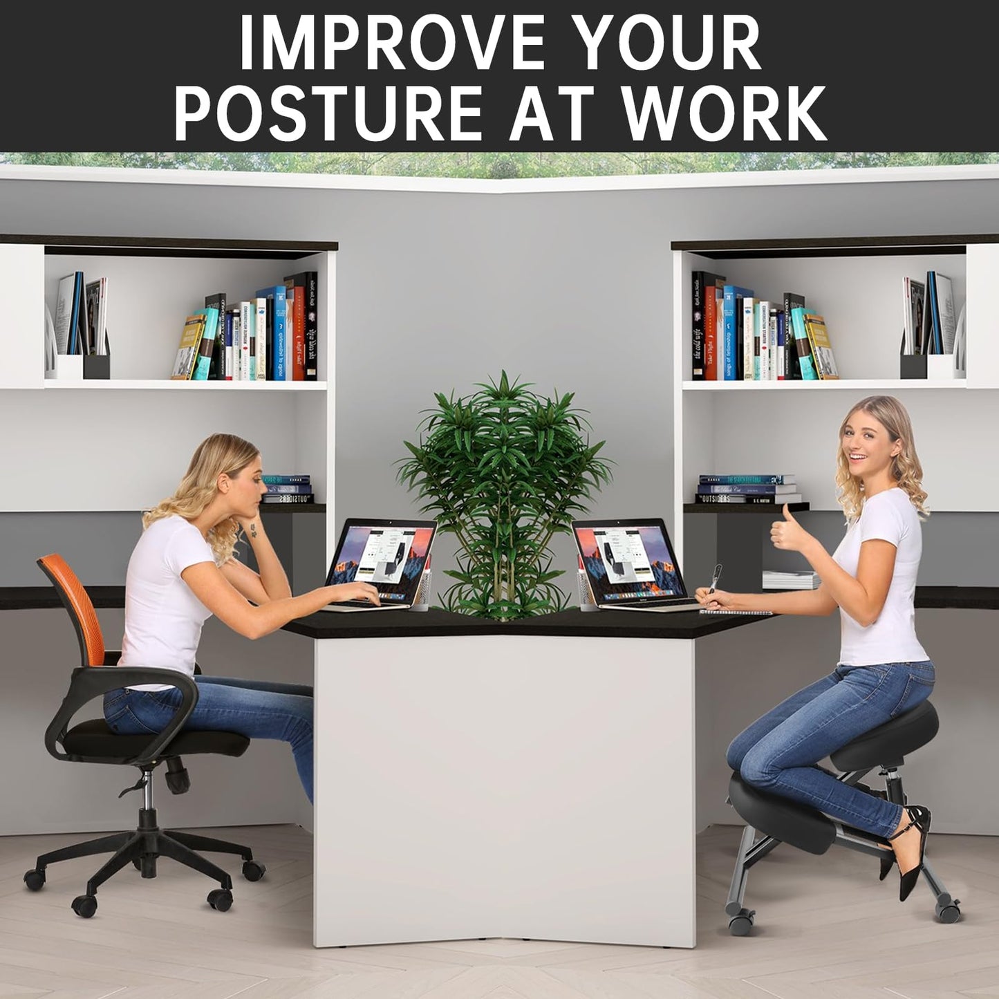 DENGTELI PU Leather Ergonomic Kneeling Chair, Adjustable Home and Office Stool with Thick Pads and Flexible Lockable Brake Wheels for Back Pain Relief(Black)