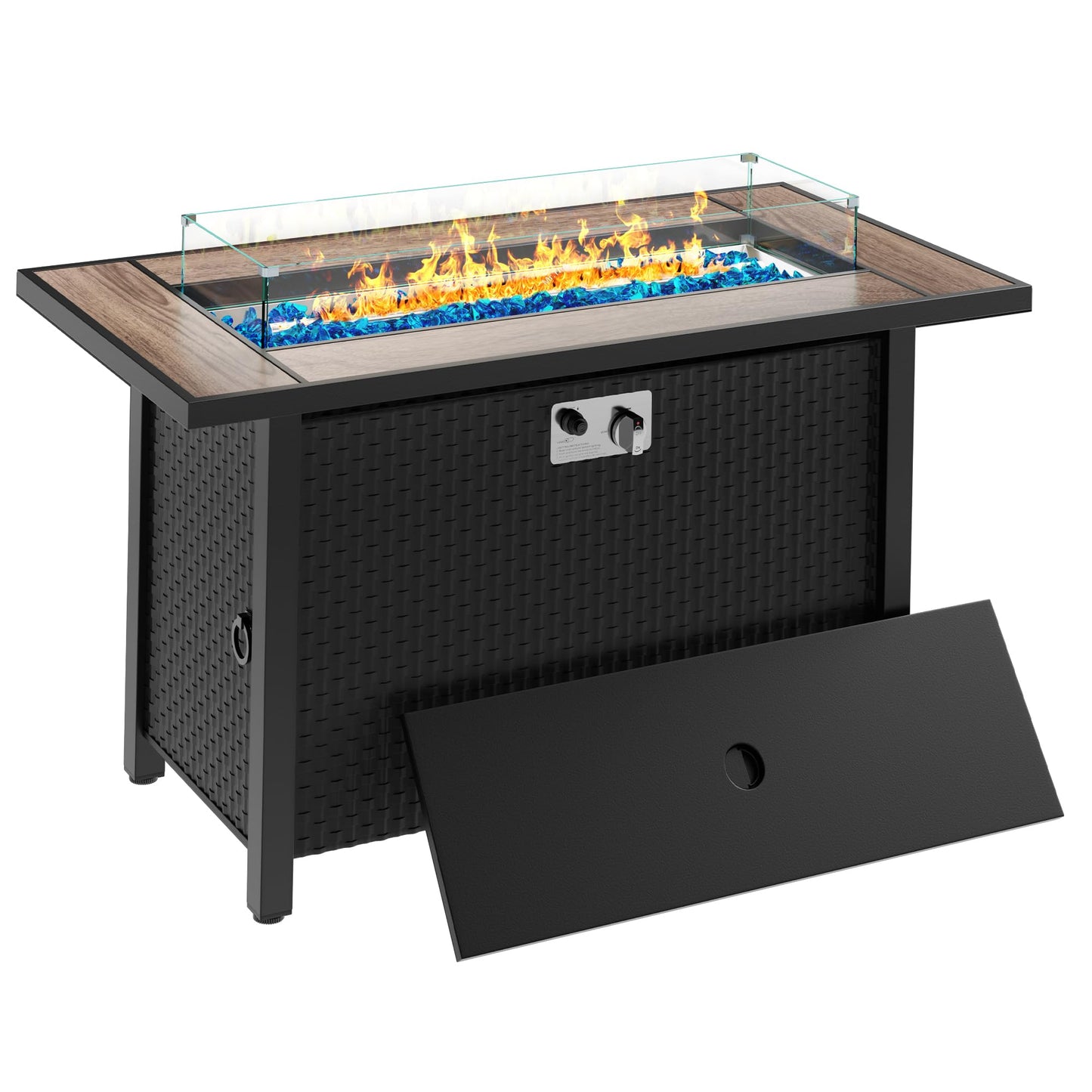Meilocar 45in Fire Table, Propane Fire Pit with Glass Wind Guard and Rain Cover, Outdoor Firepit Table 50000 BTU 3-in-1 Fire Table for Patio/Yard/Balcony, Walnut Tabletop