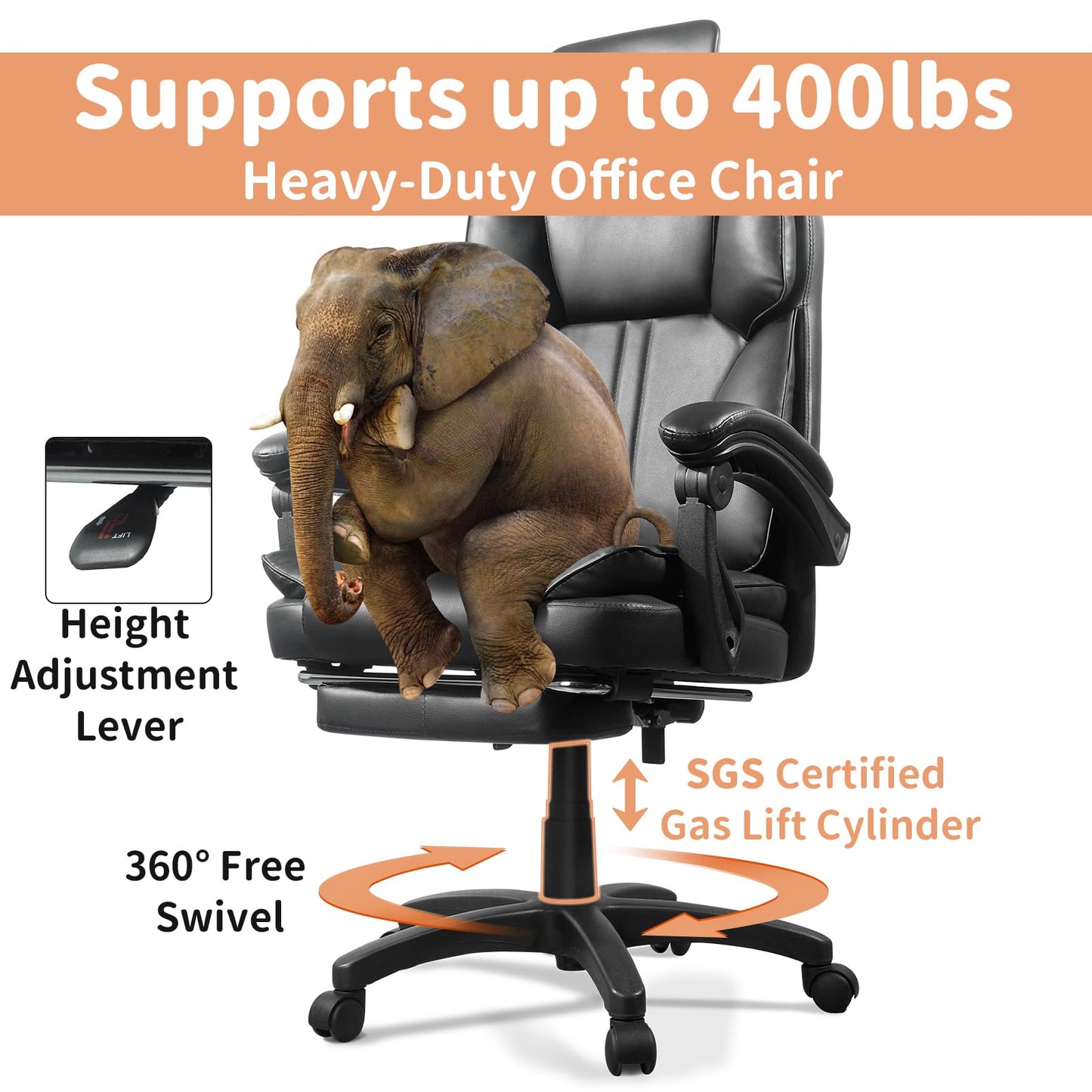 Big and Tall Office Chair Comfy Ergonomic Leather Computer Desk Chair with Headrest High Back Reclining Executive Chair with Footrest, Black