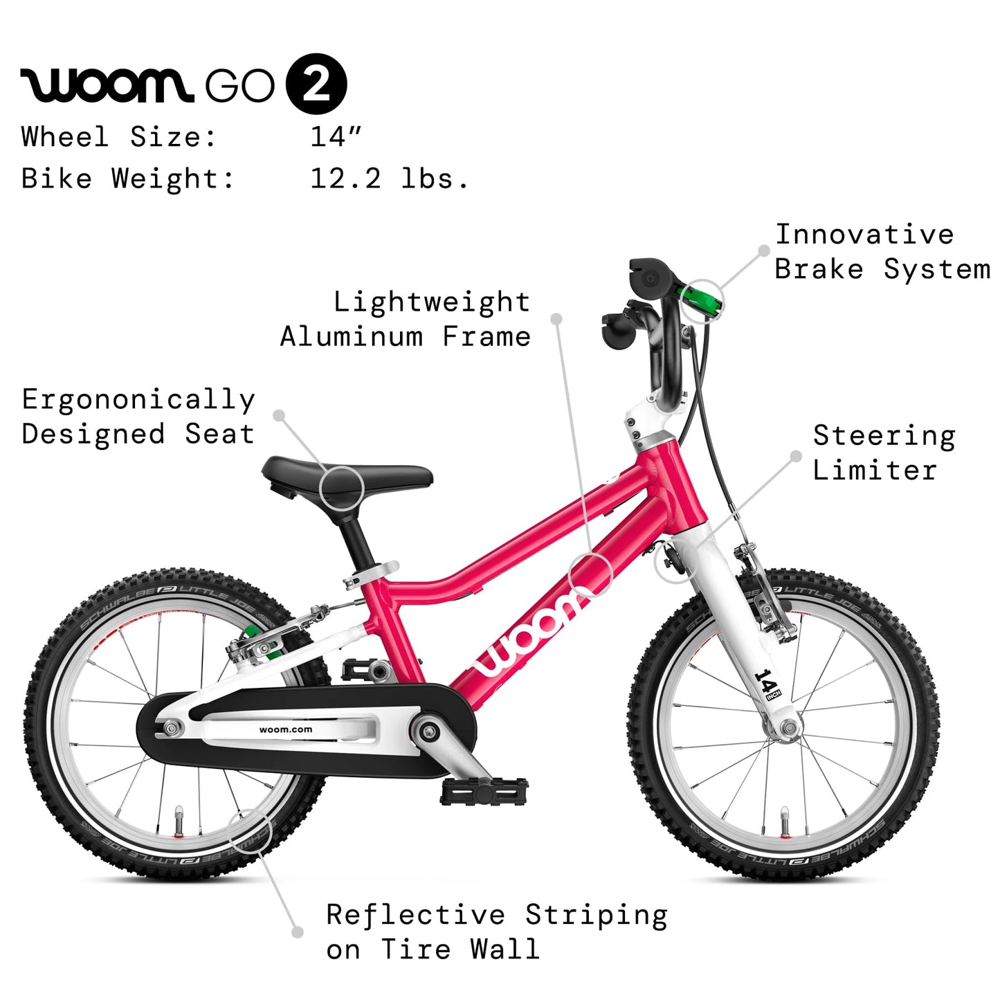 woom GO 2 Bicycle for Children 3 to 4.5 Years Old, 14-Inch Lightweight Bike with Handbrake, Steering Limiter & Chainguard for Boys & Girls - GO 2 - Hot Pink
