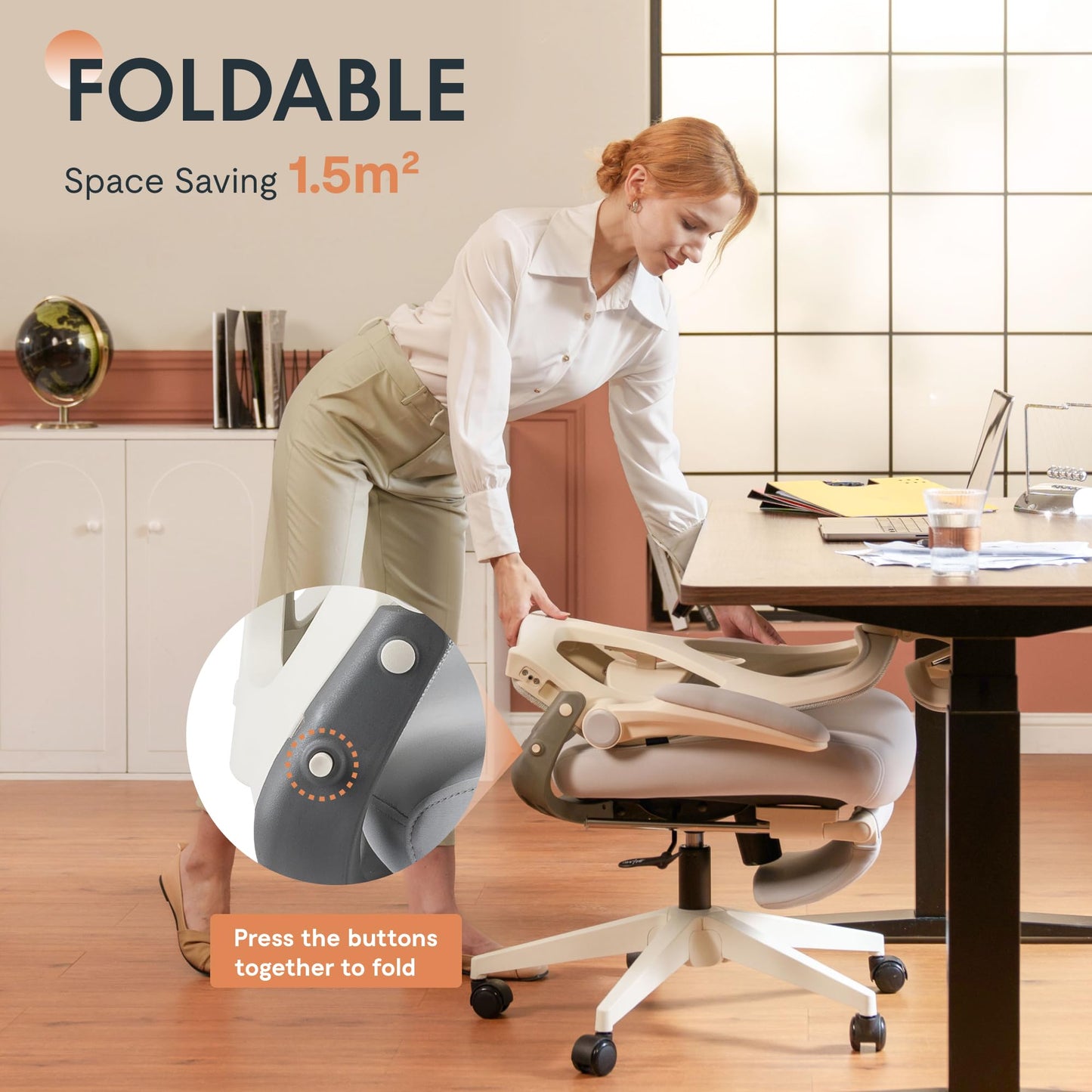 FLEXISPOT Foldex Office Folding Chair, Ergonomic Chair for Small Spaces with Lumbar Support, Flip-up Armrests, 3D Headrest, Desk Chairs with Footrest for Work,Video Game Cream