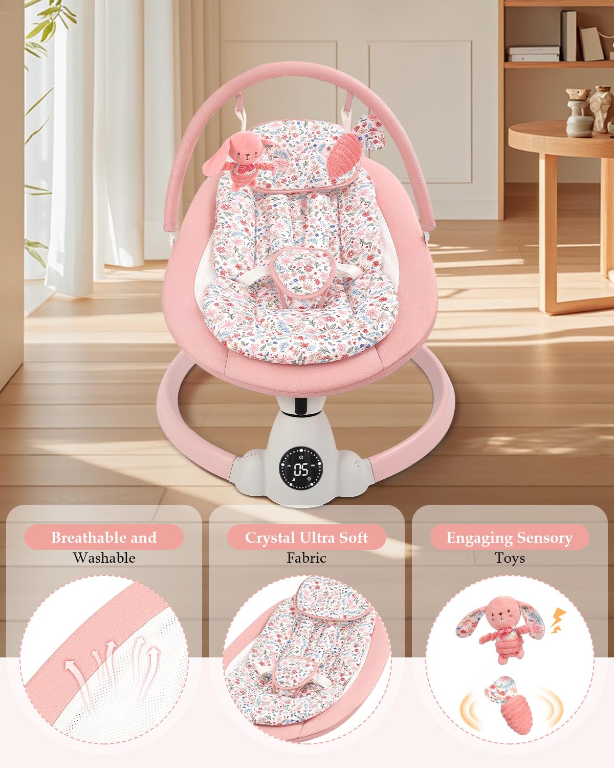 Baby Swing for Infants, Electric Baby Swing with Bluetooth, Portable Infant Swing with 5 Speeds, 10 Lullabies, 5-Point Harness & Remote Control, for Newborns Infants Indoor Outdoor Use (Floral)