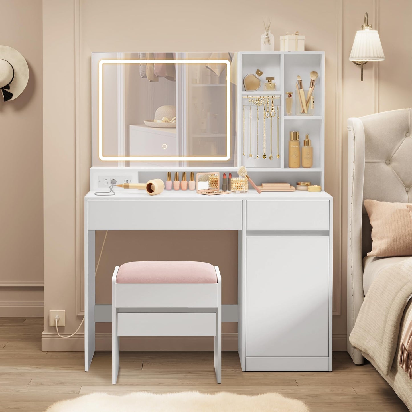 VASAGLE KAILYN Collection - 43.3-Inch Wide Vanity Desk with Mirror and Lights, Power Outlets, Vanity Table Set with Stool, Jewelry Storage, Adjustable Shelves, for Bedroom, Cloud White URDT632W02