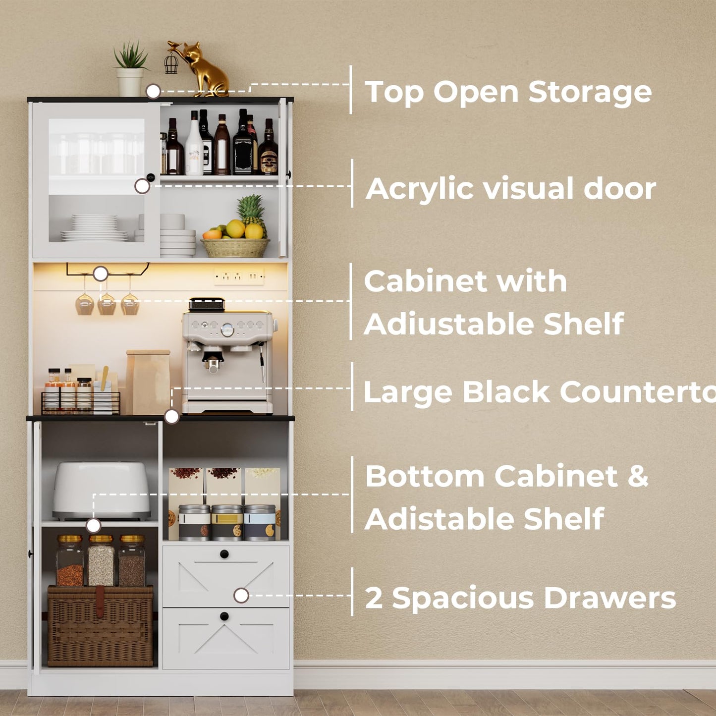 Frmobepts 71‘’Kitchen Pantry Storage Cabinet with LED Lights and Power Outlet, Tall Farmhouse Kitchen Hutch with Microwave Stand,Globet Hooks and Adjustable Shelf for Dining Living Room,White